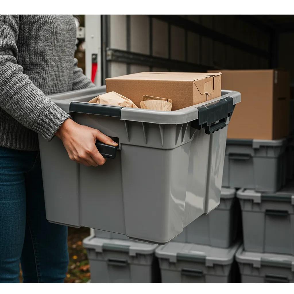 A person confidently lifting a durable Bronko Box plastic moving box filled with fragile items, highlighting its strength and reliability