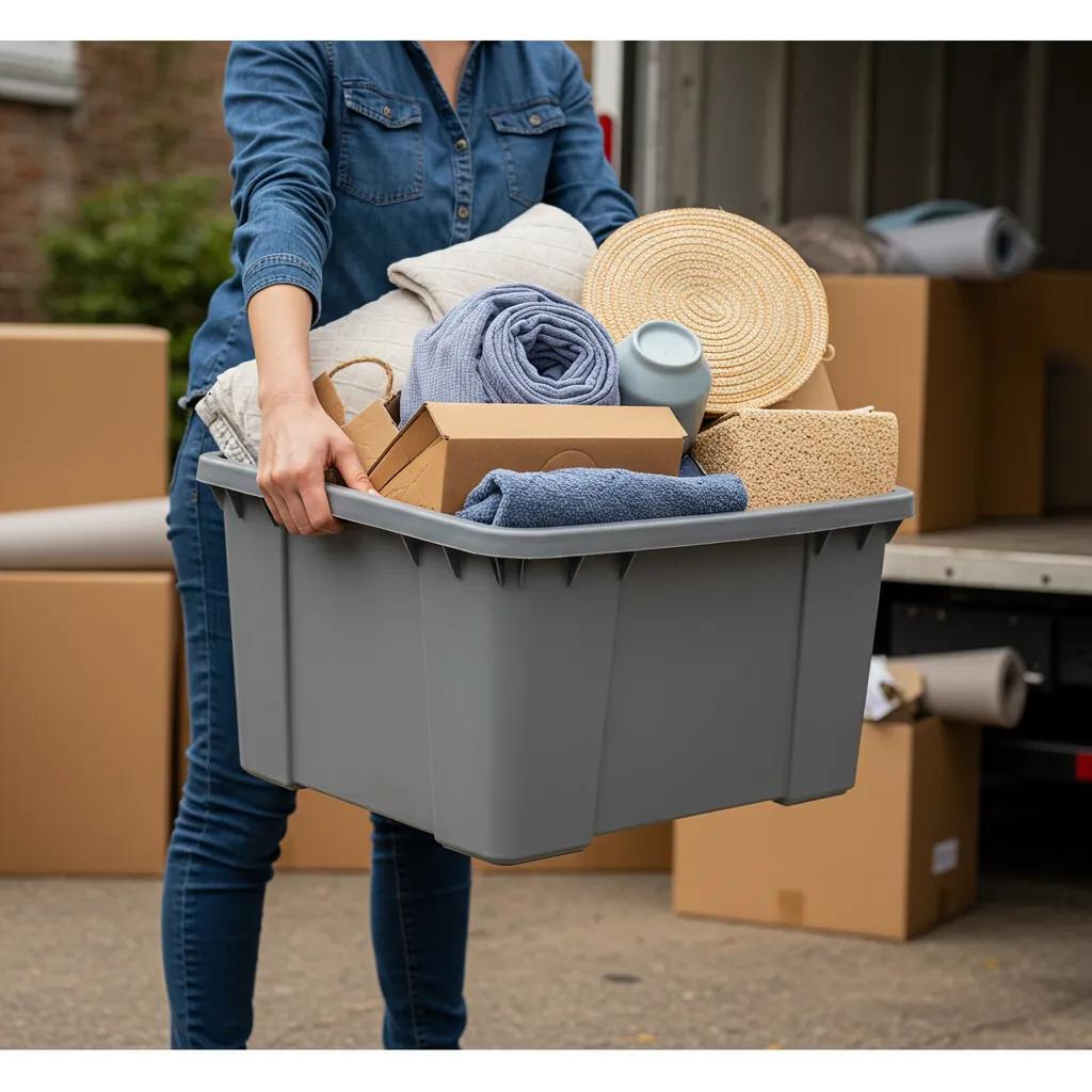 A person easily lifting a sturdy Bronko Box plastic moving box, highlighting its strength and practical design for your move.