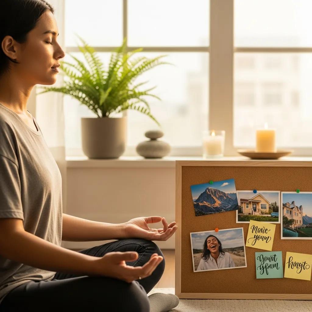 A person quietly practicing visualization with a vision board visible in the background, conveying calm focus and intention A person quietly practicing visualization with a vision board visible in the background, conveying calm focus and intention