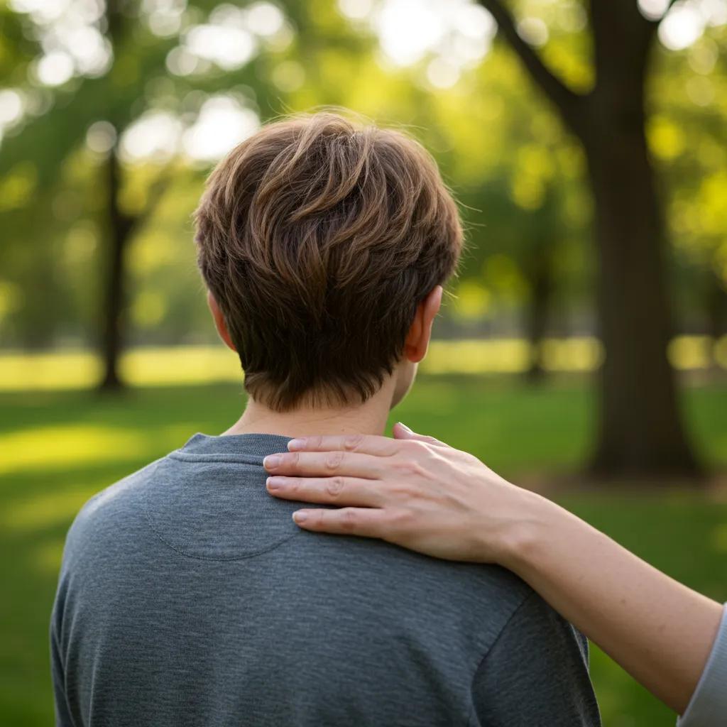 A person providing comfort with a gentle touch, symbolizing sympathy in a serene outdoor setting