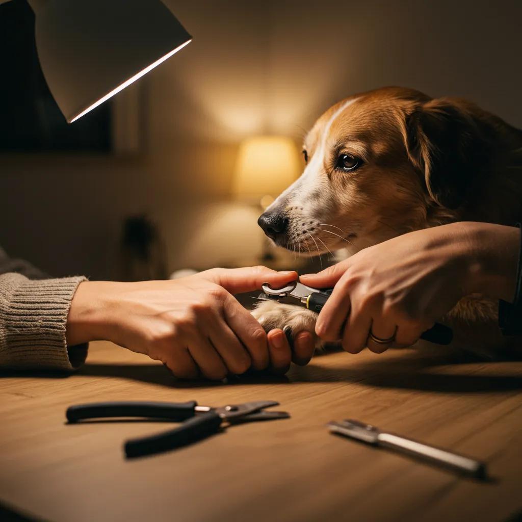 A person trimming a dog's nails at home, emphasizing calm and stress-free pet care