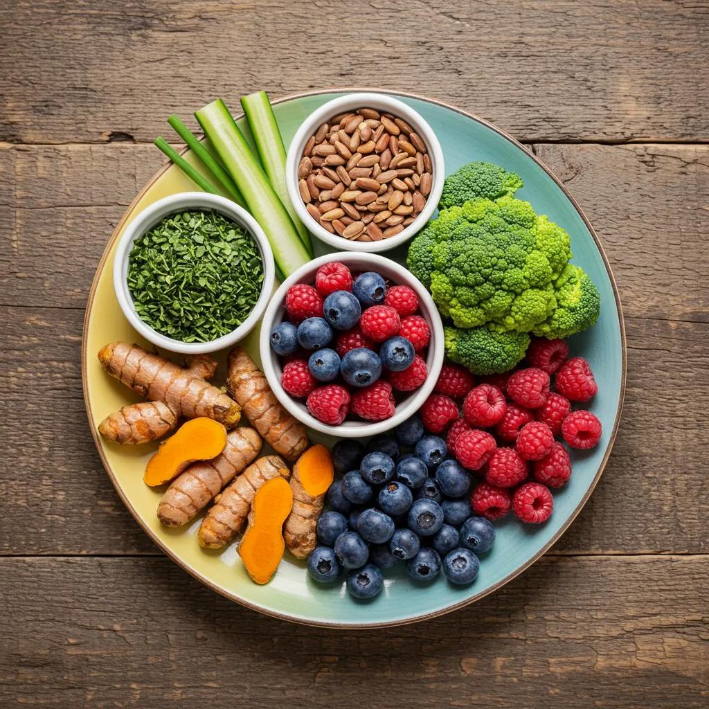 A plate of colorful Nrf2-activating foods including cruciferous vegetables and turmeric, promoting healthy eating