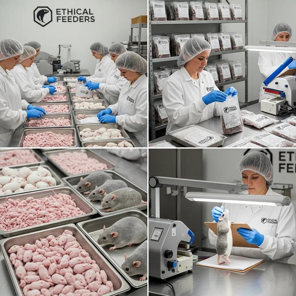 A reputable supplier's facility processing frozen feeder mice, emphasizing ethical sourcing practices