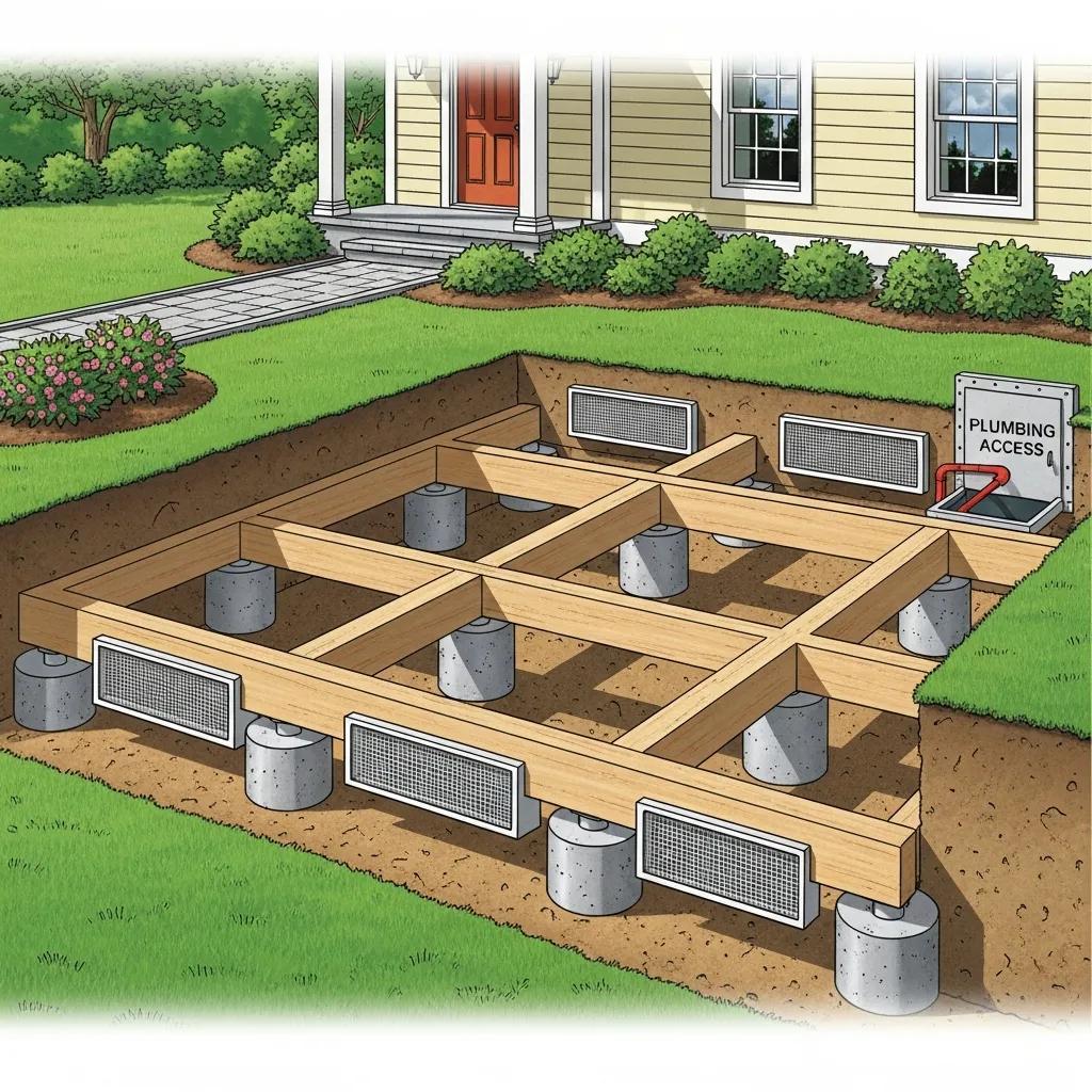 A residential pier and beam foundation showcasing its elevated structure and ventilation features