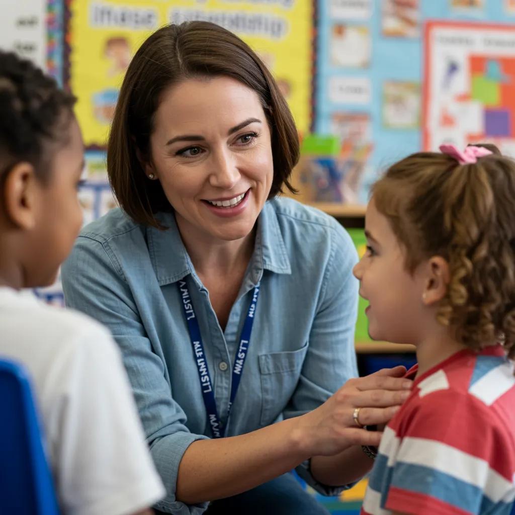 A teacher actively listening to a child, demonstrating trust and emotional support in a preschool classroom