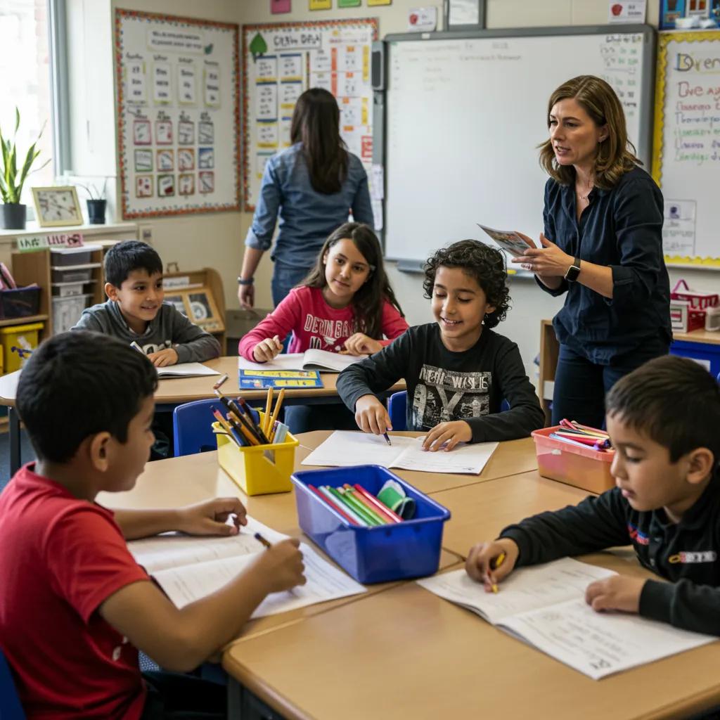 A vibrant classroom scene with a teacher and diverse students, representing the positive learning environment in Delran and Mount Laurel schools A vibrant classroom scene with a teacher and diverse students, representing the positive learning environment in Delran and Mount Laurel schools