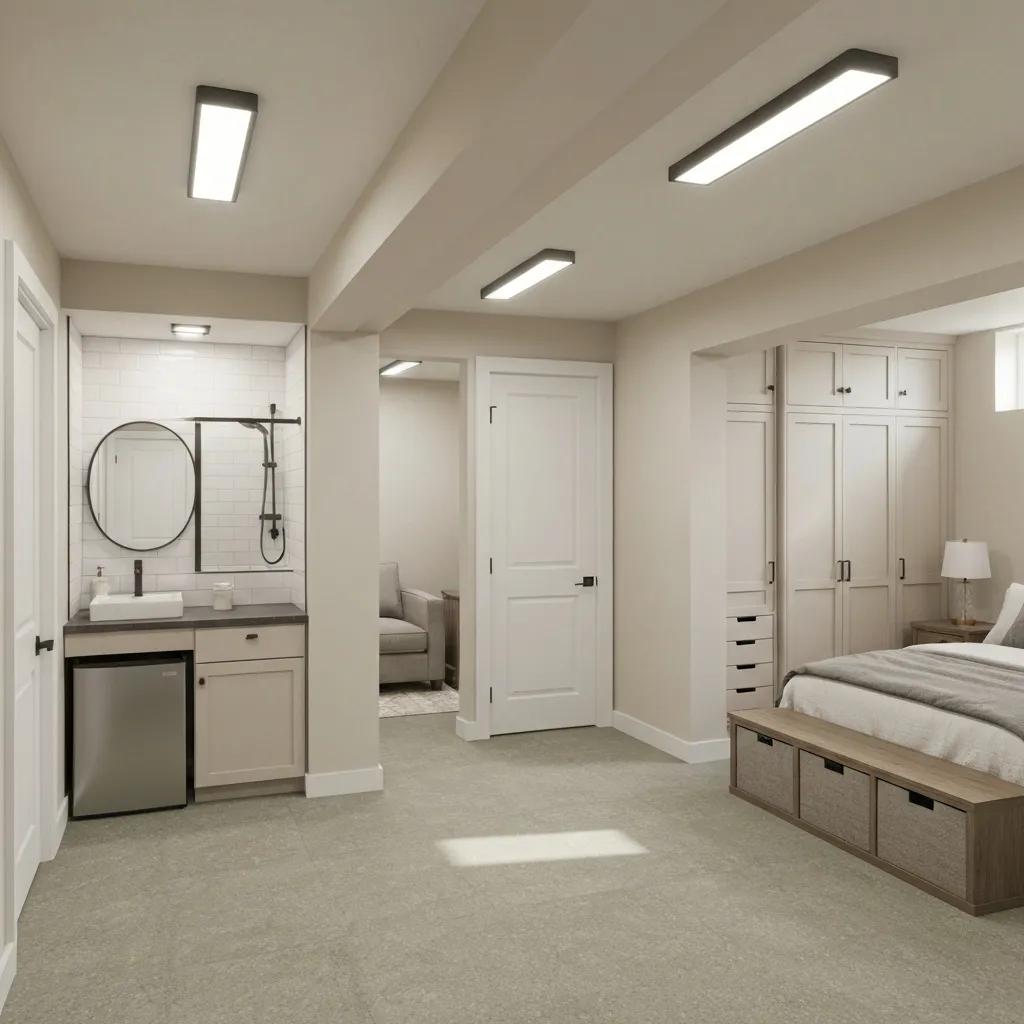 Thoughtful basement guest suite layout with private bathroom and small kitchenette Thoughtful basement guest suite layout with private bathroom and small kitchenette