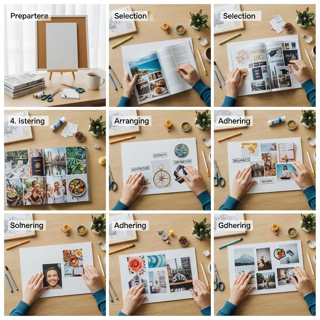 A clean workspace arranged for making a vision board: magazines, scissors, and a blank board ready for photos and notes A clean workspace arranged for making a vision board: magazines, scissors, and a blank board ready for photos and notes