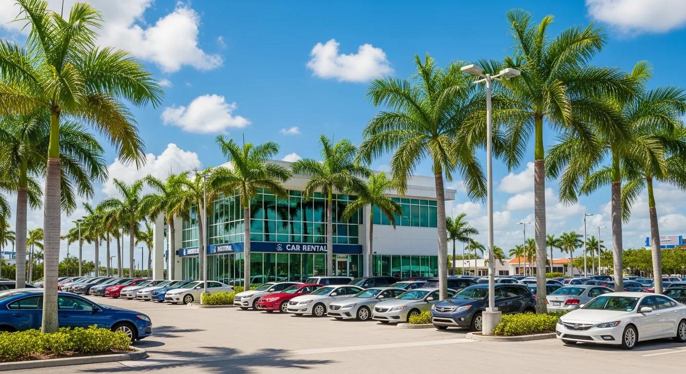 Car rental office in Fort Lauderdale with various rental cars and palm trees