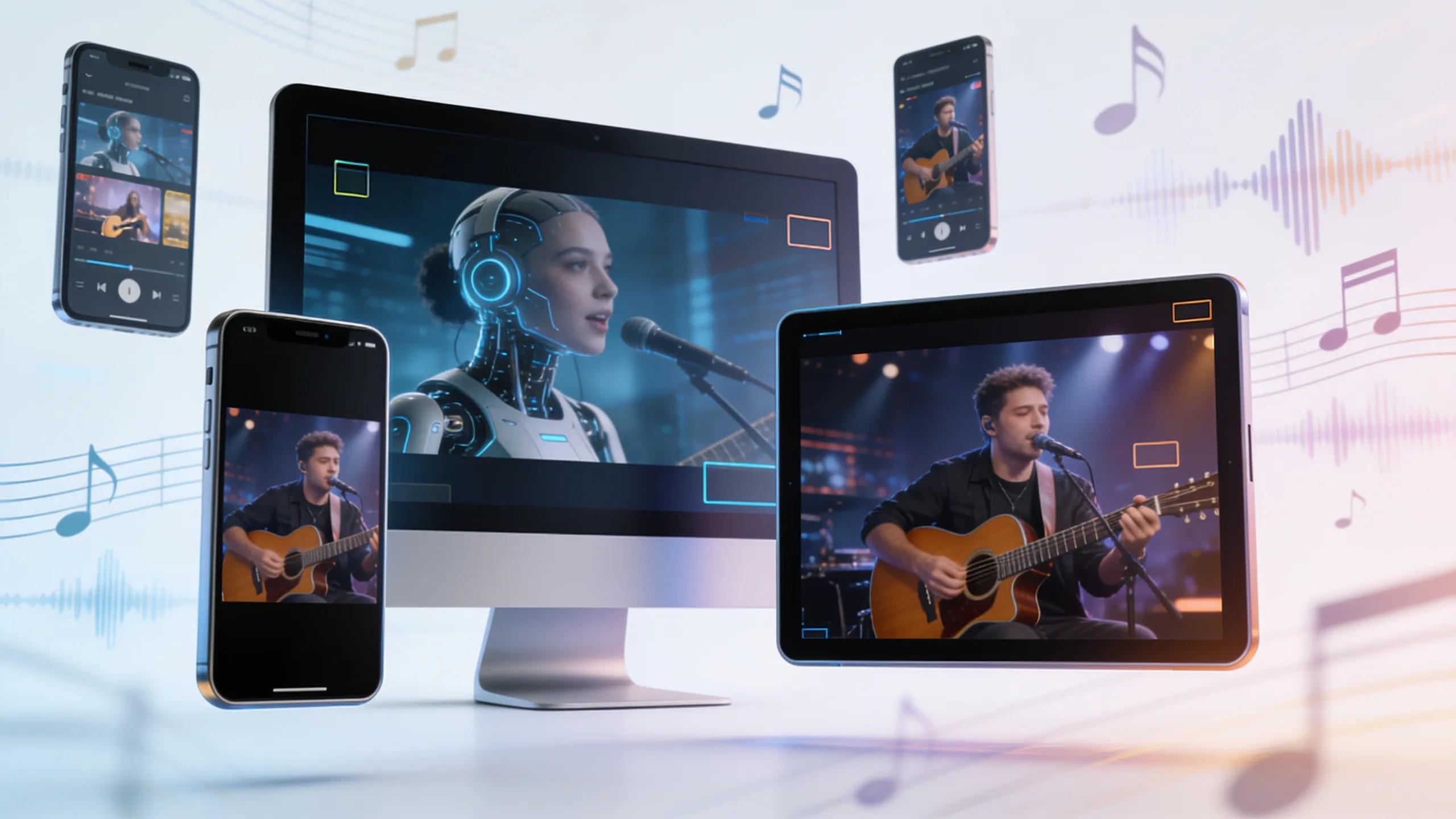 Different formats of AI-generated music videos on various devices