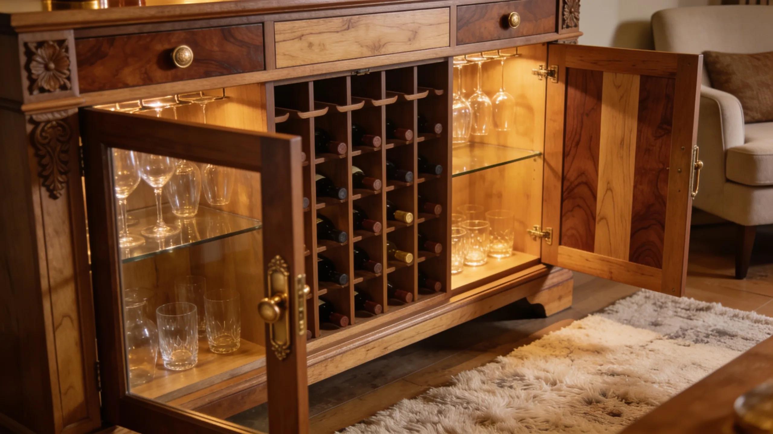 Craftsmanship of a wooden bar cabinet featuring oak and walnut finishes, with visible glassware storage