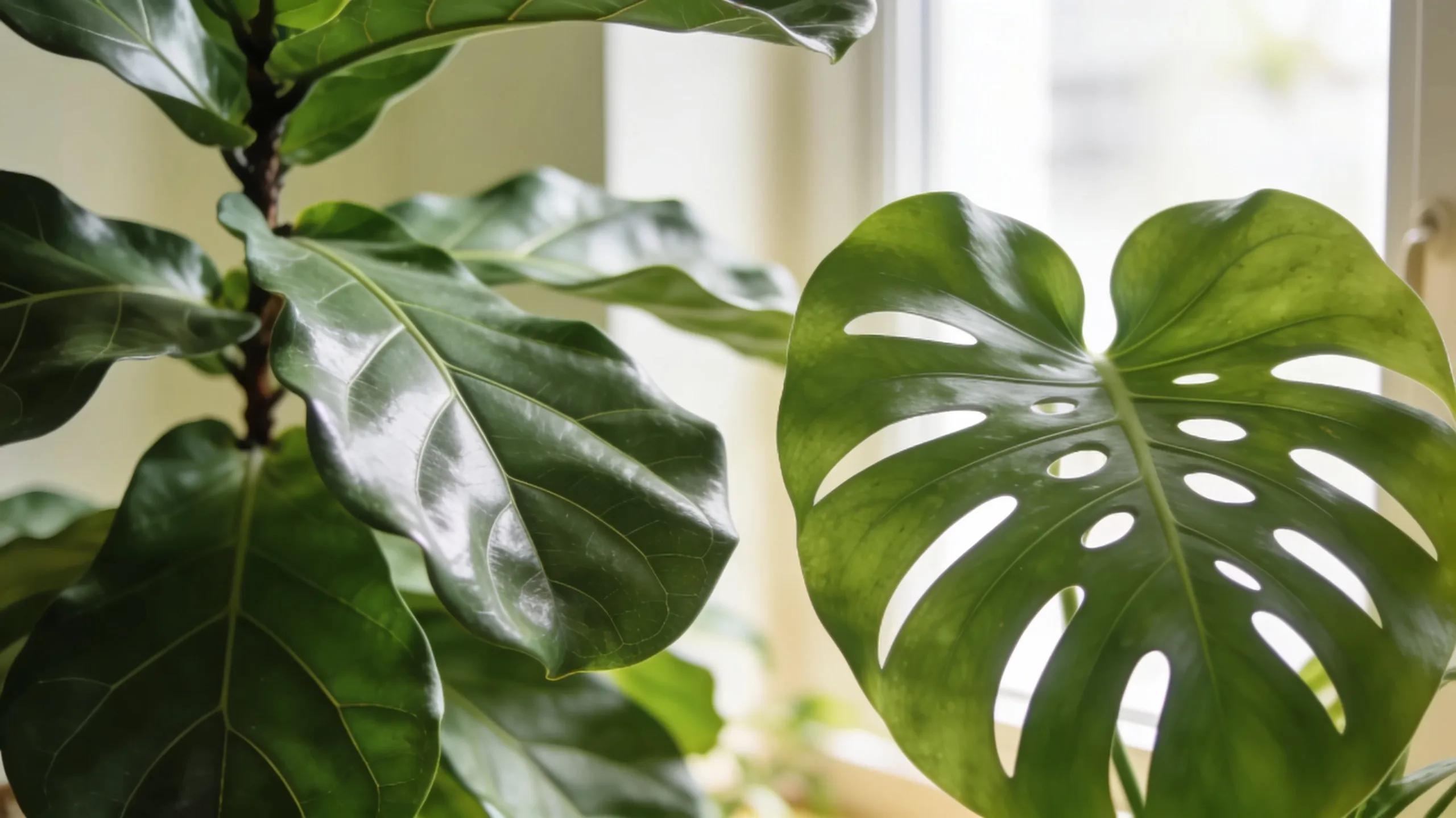 Close-up of Fiddle Leaf Fig and Monstera Deliciosa leaves showcasing their texture and beauty in a bright space