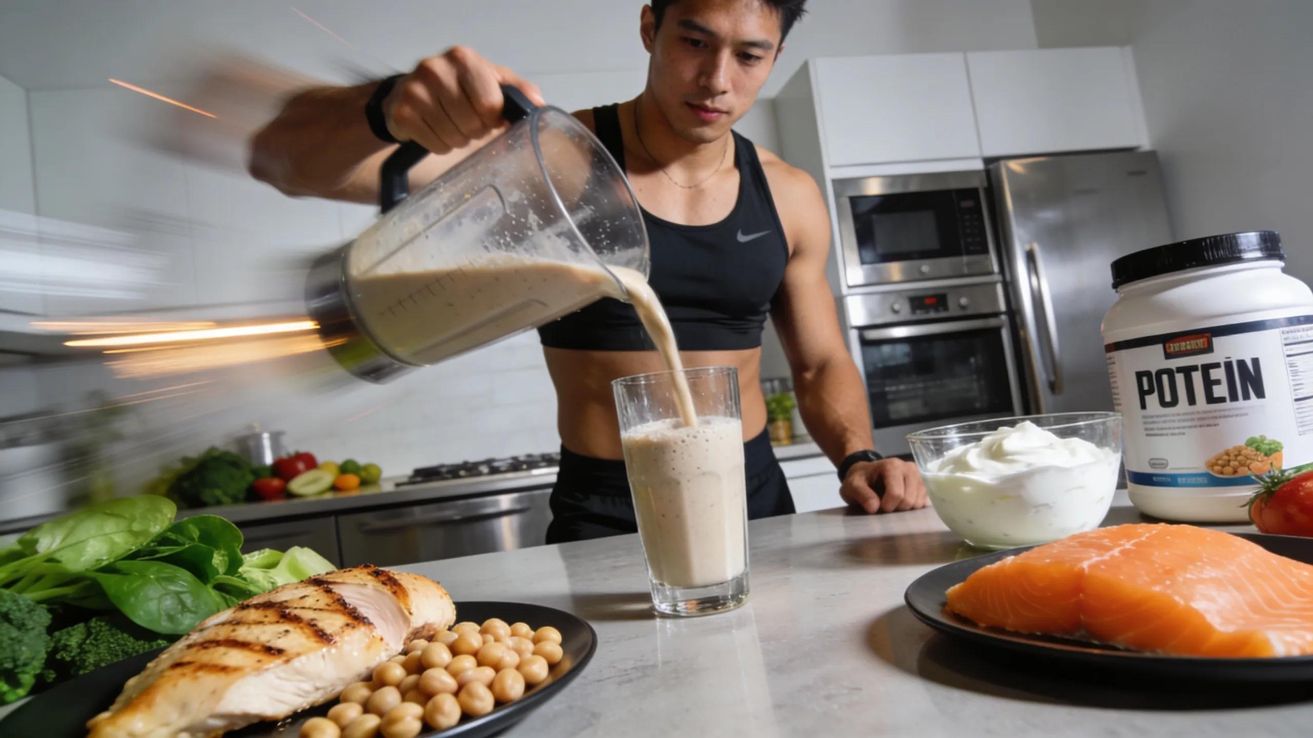Fitness enthusiast preparing a protein-rich meal in a modern kitchen