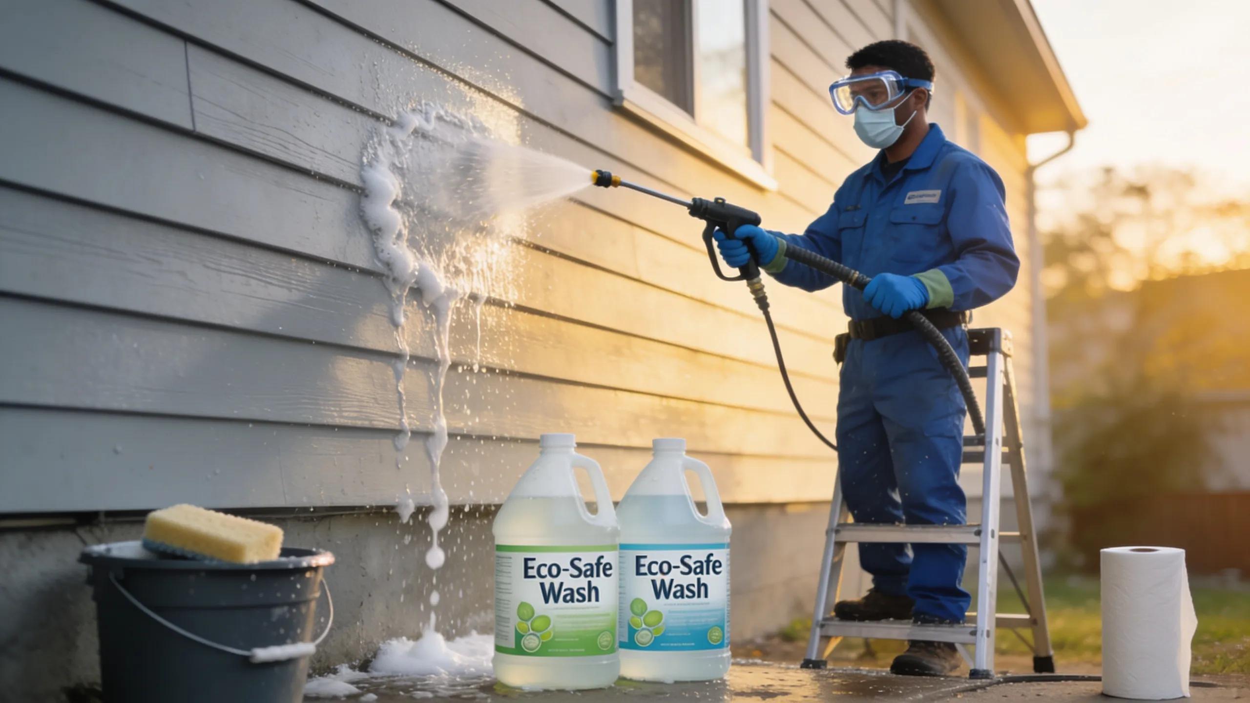 Professional technician safely performing soft washing on home siding