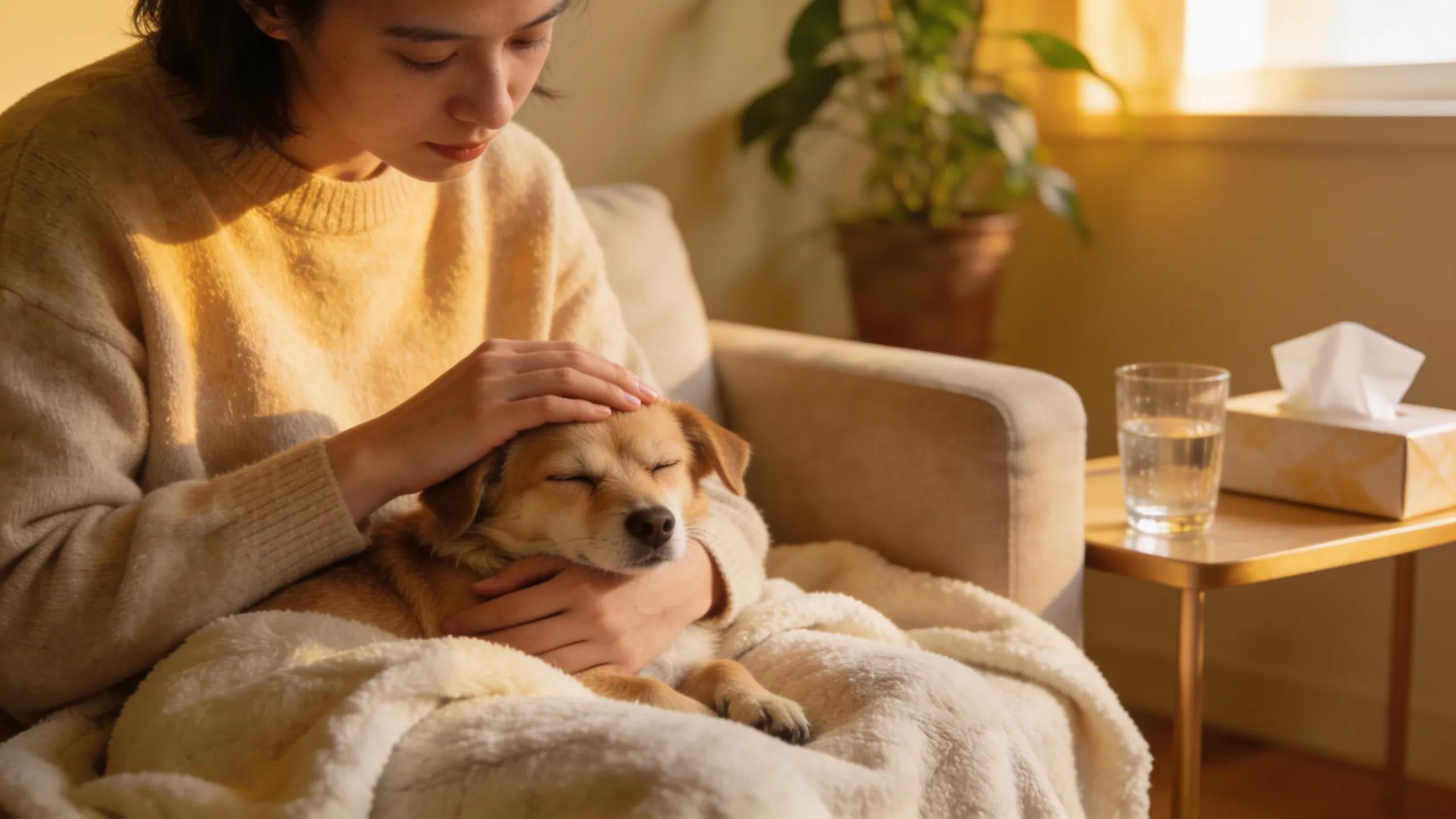 Compassionate pet euthanasia services in a home setting with a pet owner holding their sick dog