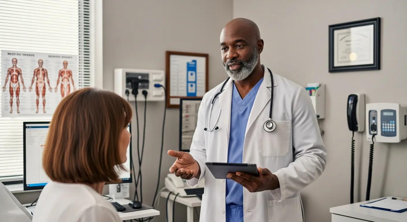 - An African American male physician, approximately 55 years old, bald with a black and gray beard, wearing professional medical attire, explaining peptide therapy benefits to a patient in a clinical setting