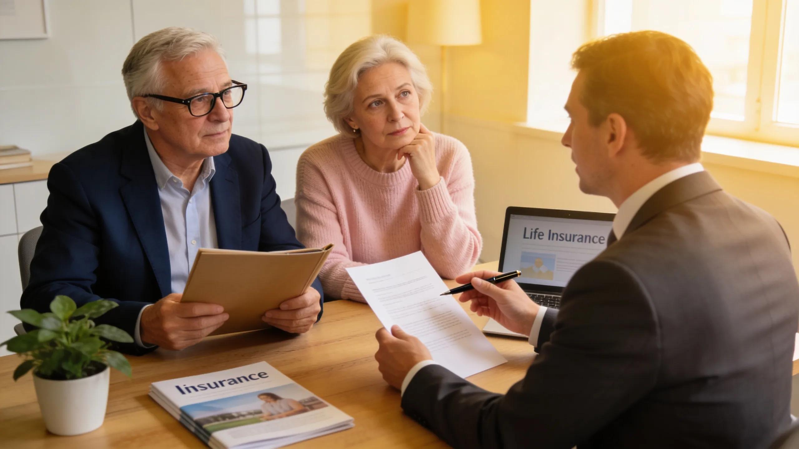 Senior couple consulting with life insurance advisor