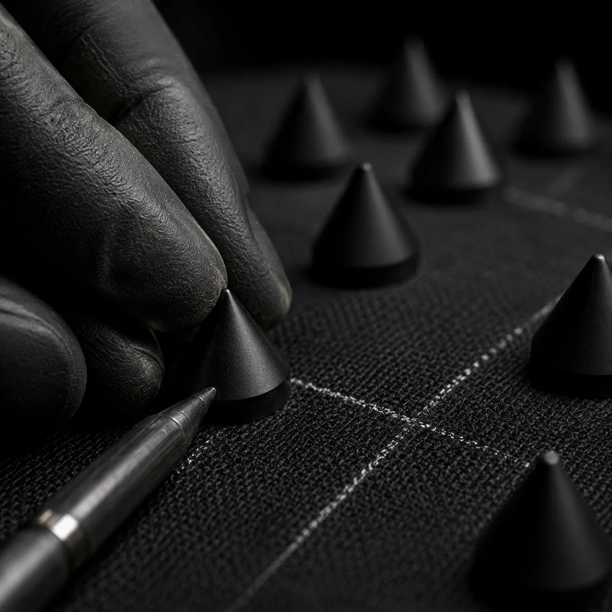 Black-gloved hand positioning matte black Thorns hardware on black fabric marked with guide lines