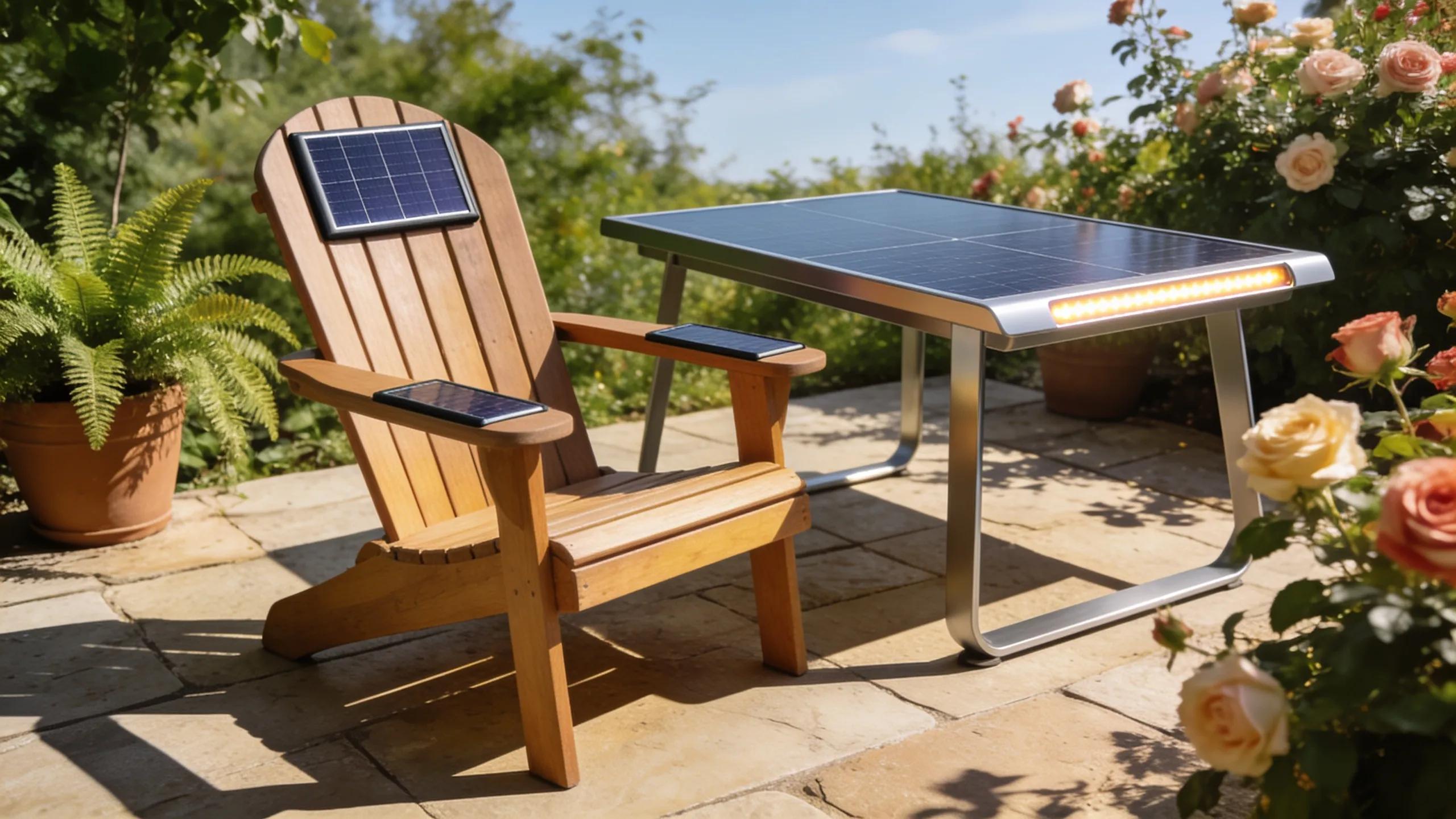 Solar-powered outdoor furniture set in a vibrant garden, highlighting sustainable outdoor living Solar-powered outdoor furniture set in a vibrant garden, highlighting sustainable outdoor living