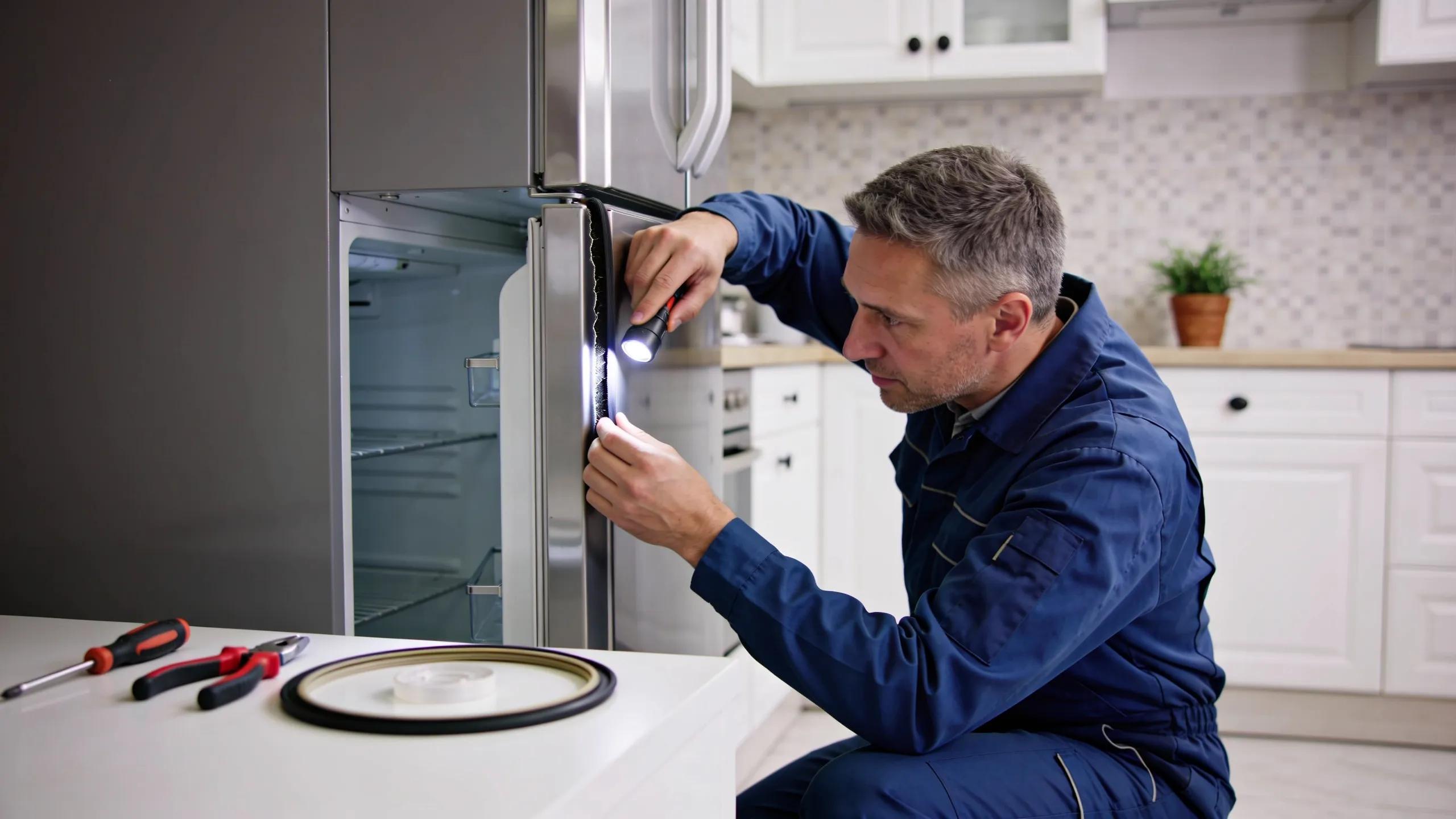Technician inspecting a refrigerator door seal for damage, showcasing the importance of proper maintenance and repair in maintaining cooling efficiency