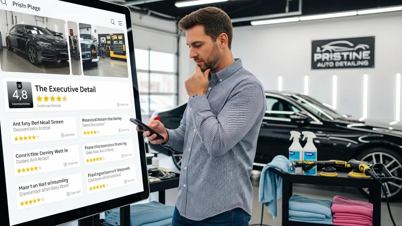 Customer evaluating auto detailing services with reviews and ratings