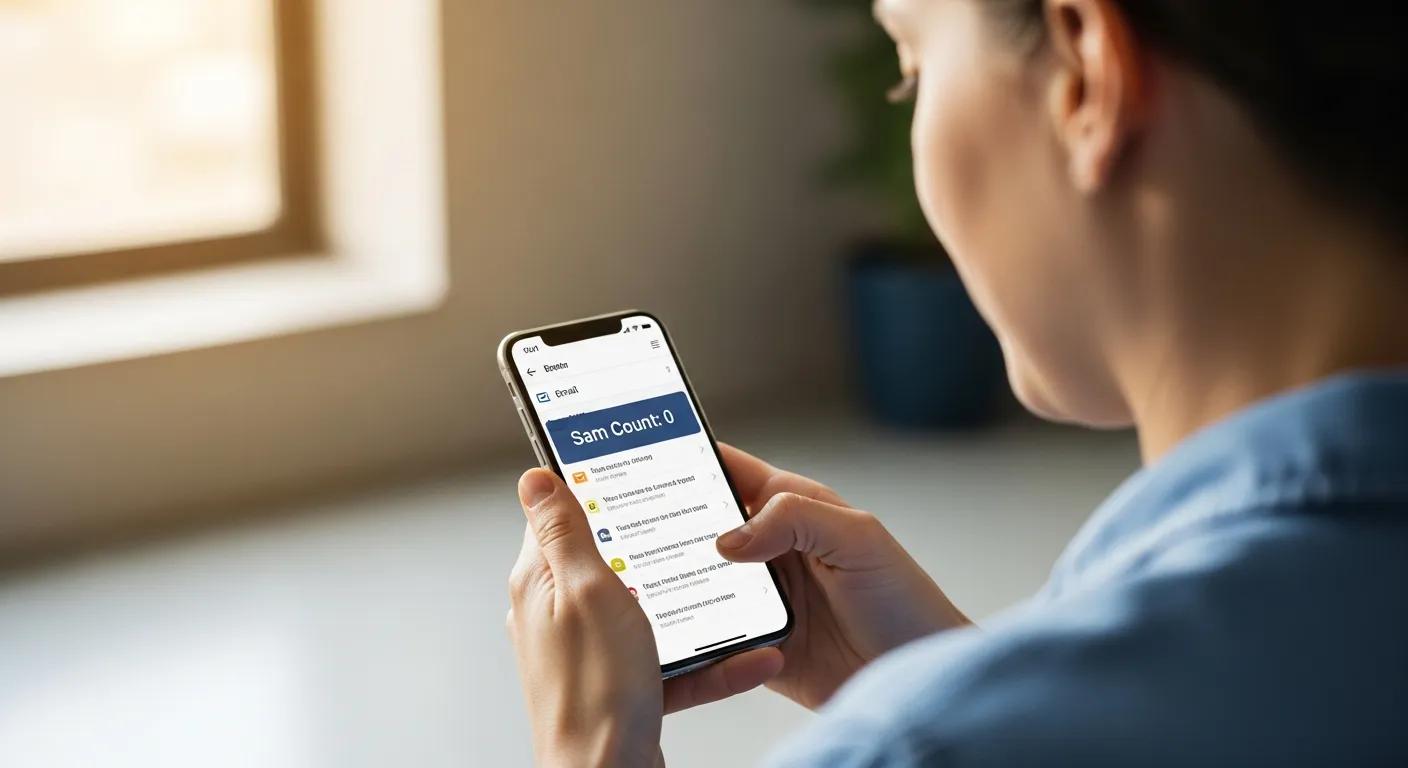 Person relieved checking email on a phone — fewer spam messages