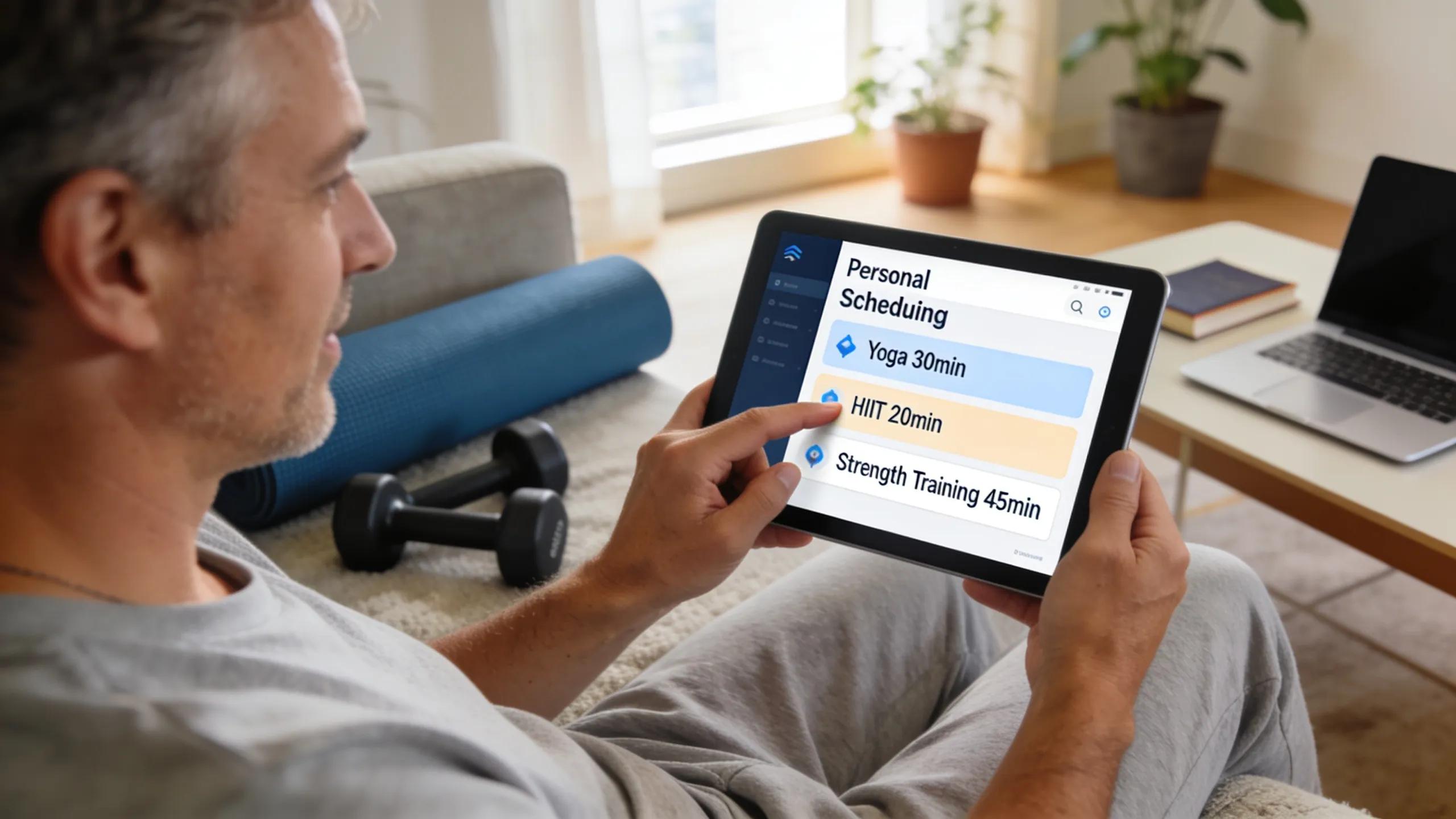 Adult over 40 scheduling workouts using a personal training app at home