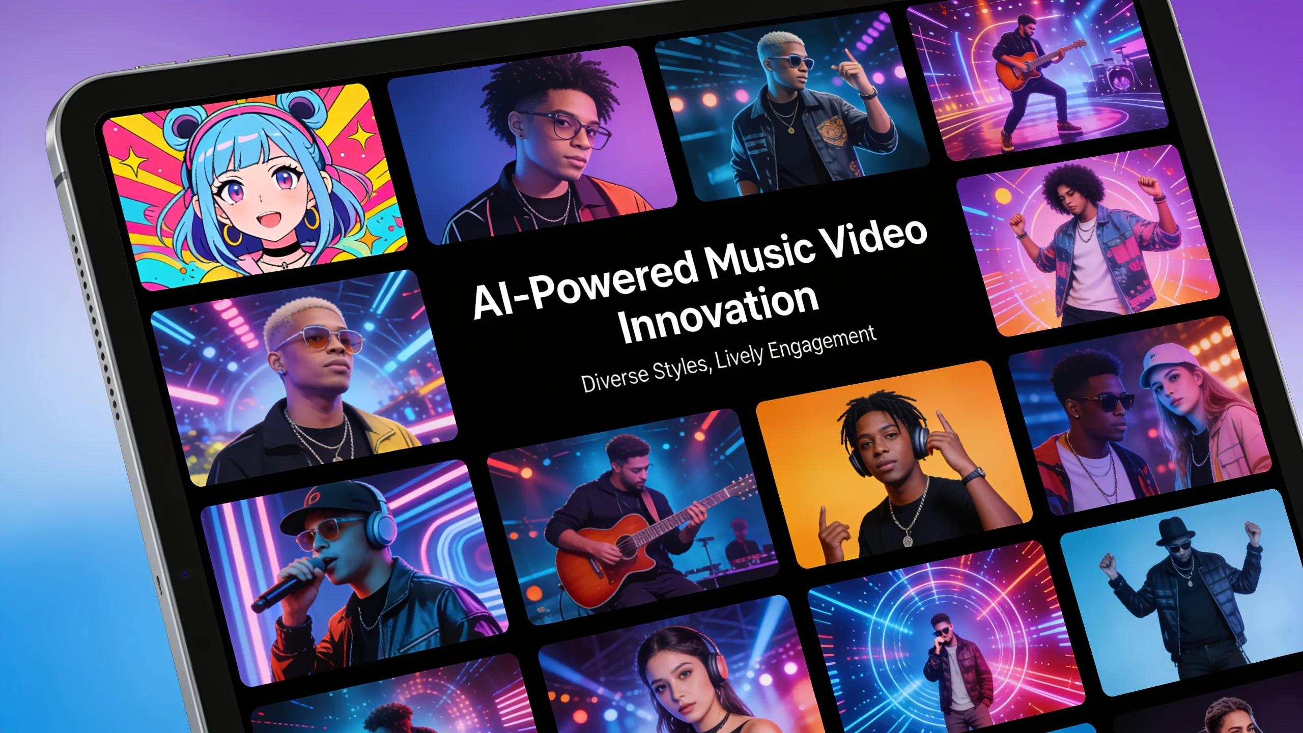 Collage of AI-generated music video clips showcasing various styles on a digital tablet