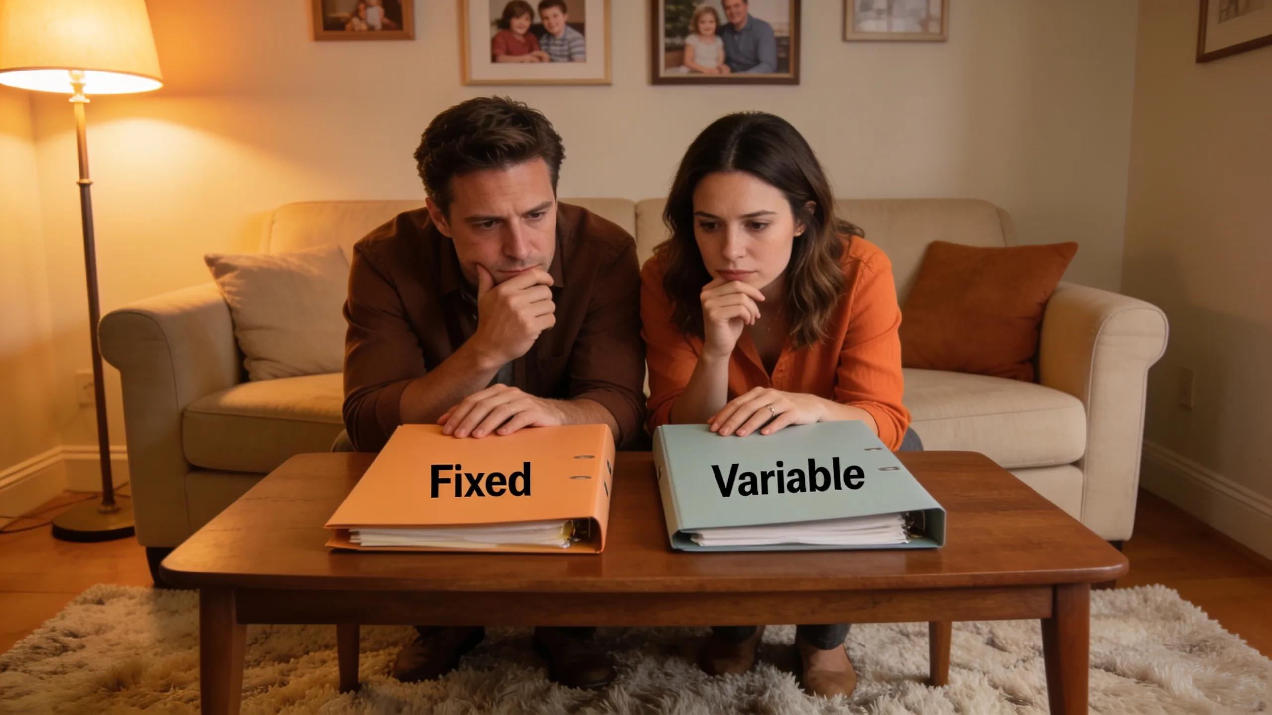 Couple evaluating fixed and variable home loan options in a cozy living room setting