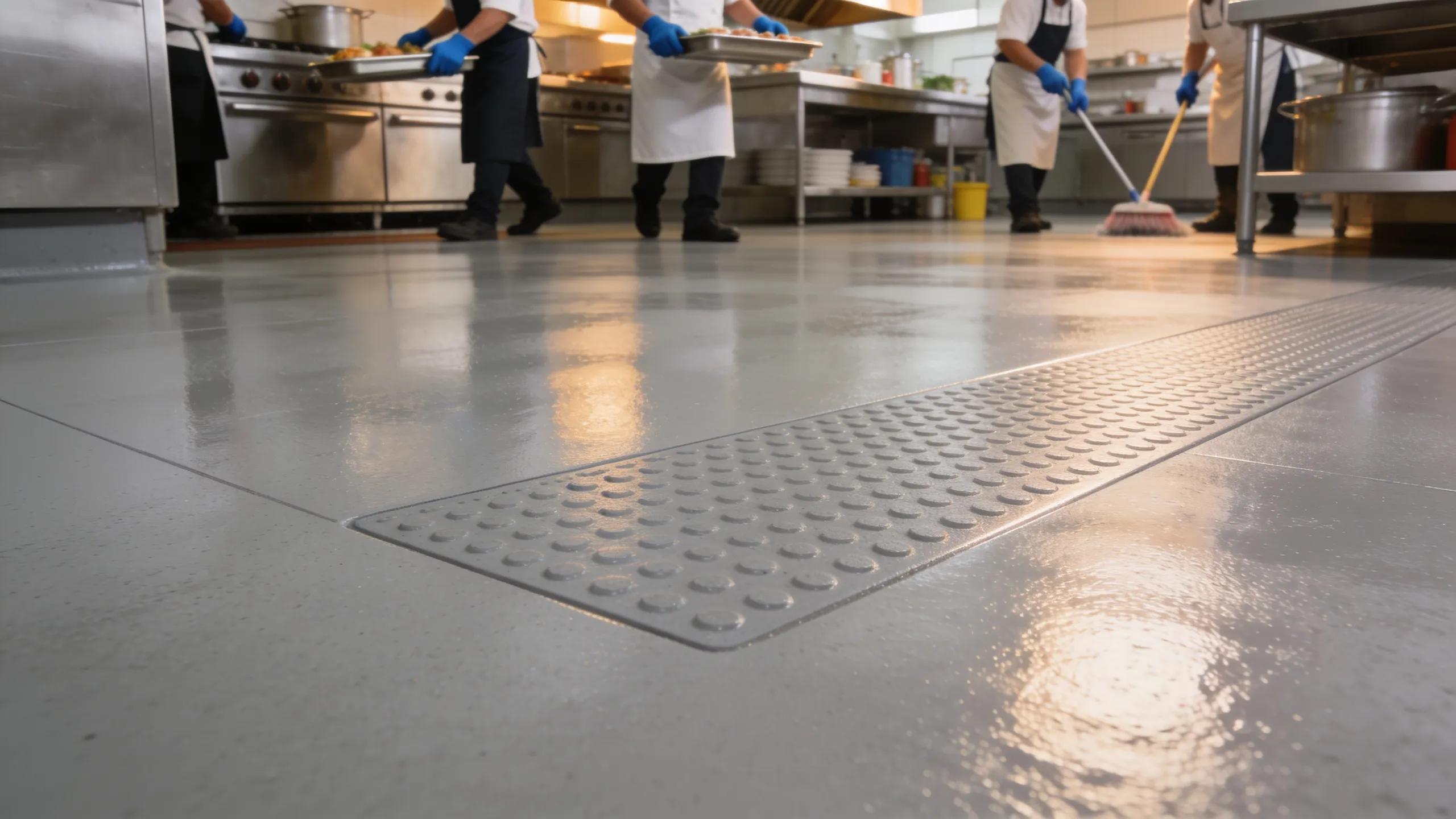 Close-up of slip-resistant epoxy flooring in a commercial kitchen setting