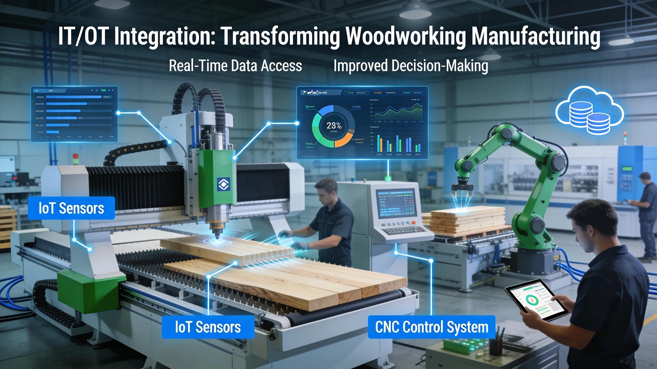 Woodworking machinery displaying benefits of IT and OT integration, focusing on improved productivity and operational efficiency