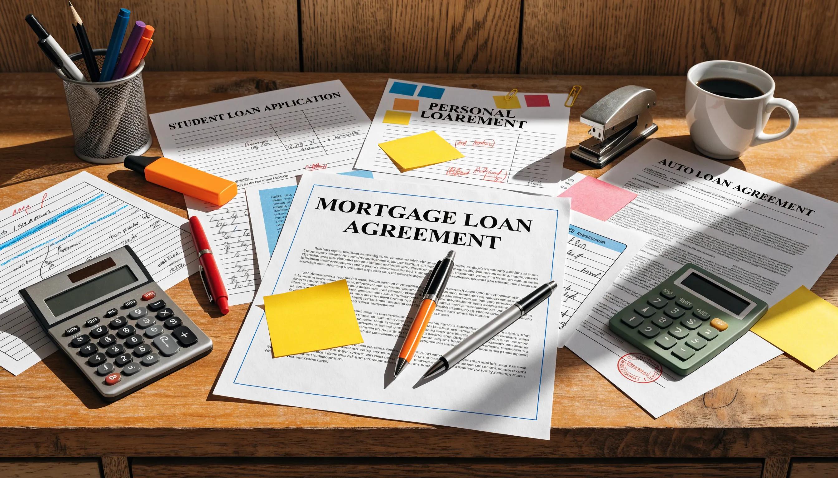 Different loan documents and tools spread out representing complex financial comparisons
