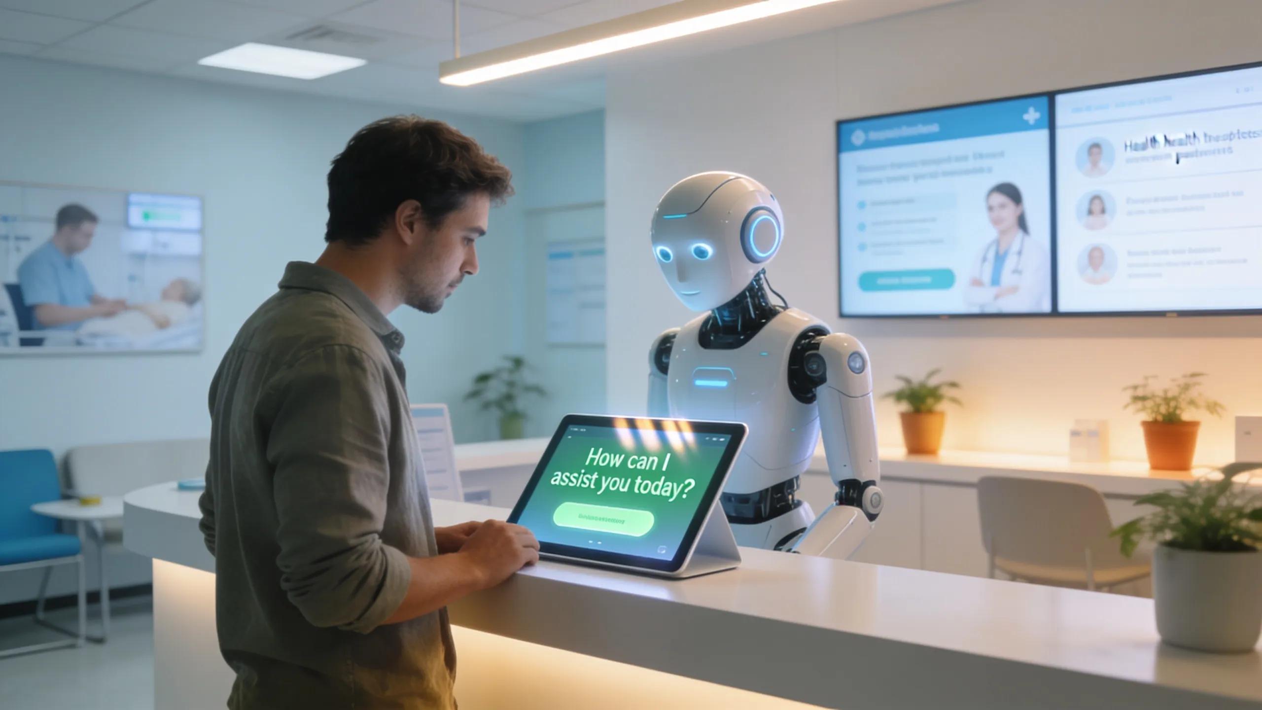 Man interacting with humanoid robot and tablet in healthcare clinic demonstrating conversational AI and speed-to-lead.