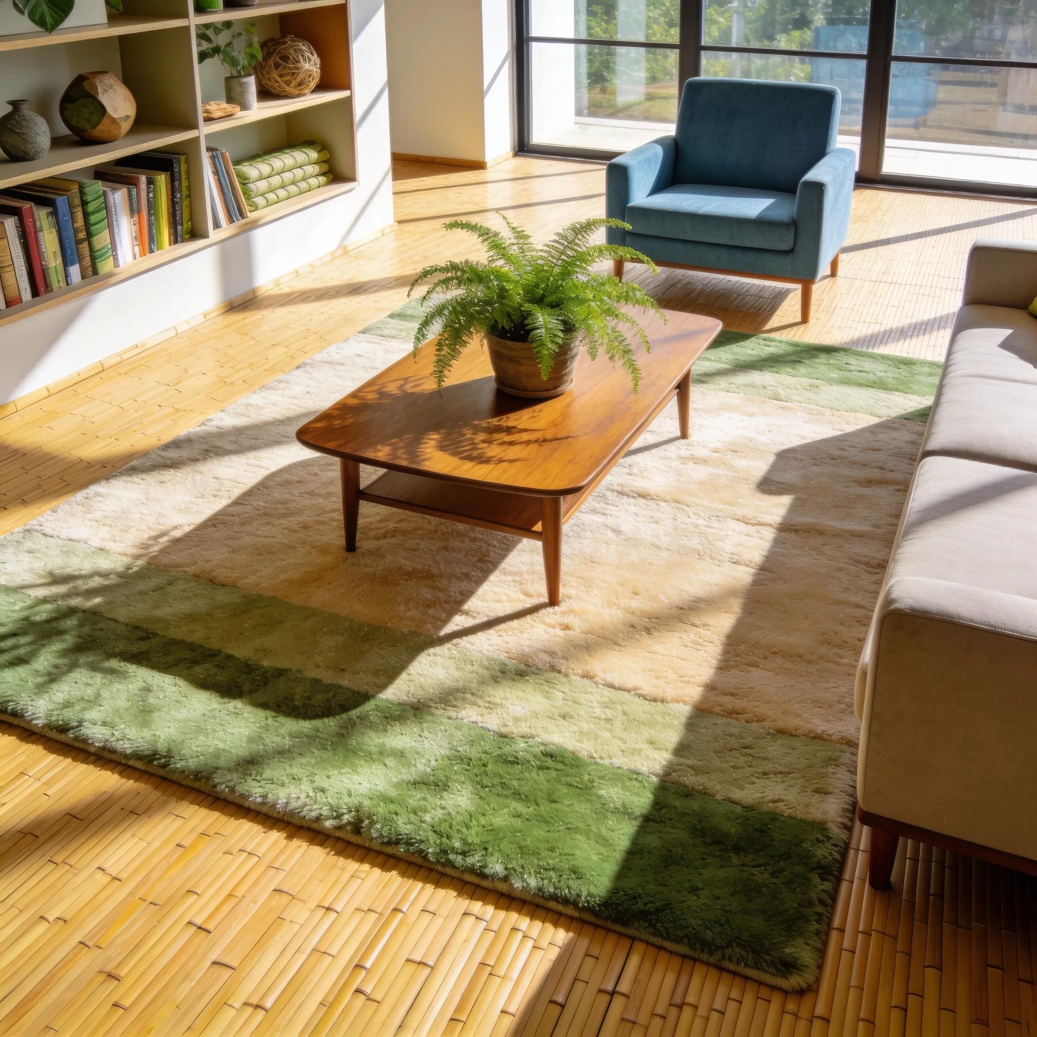 Modern living room featuring sustainable bamboo floors and contemporary decor