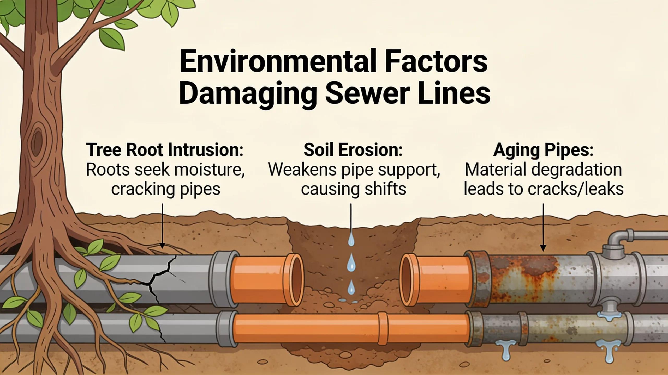 Visual representation of tree roots and soil erosion affecting sewer lines, highlighting common damage causes Visual representation of tree roots and soil erosion affecting sewer lines, highlighting common damage causes