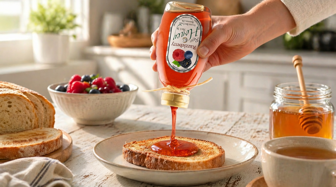 Modern squeeze bottle drizzling golden honey onto toast in a bright farmhouse kitchen, showcasing clean and easy honey use Modern squeeze bottle drizzling golden honey onto toast in a bright farmhouse kitchen, showcasing clean and easy honey use