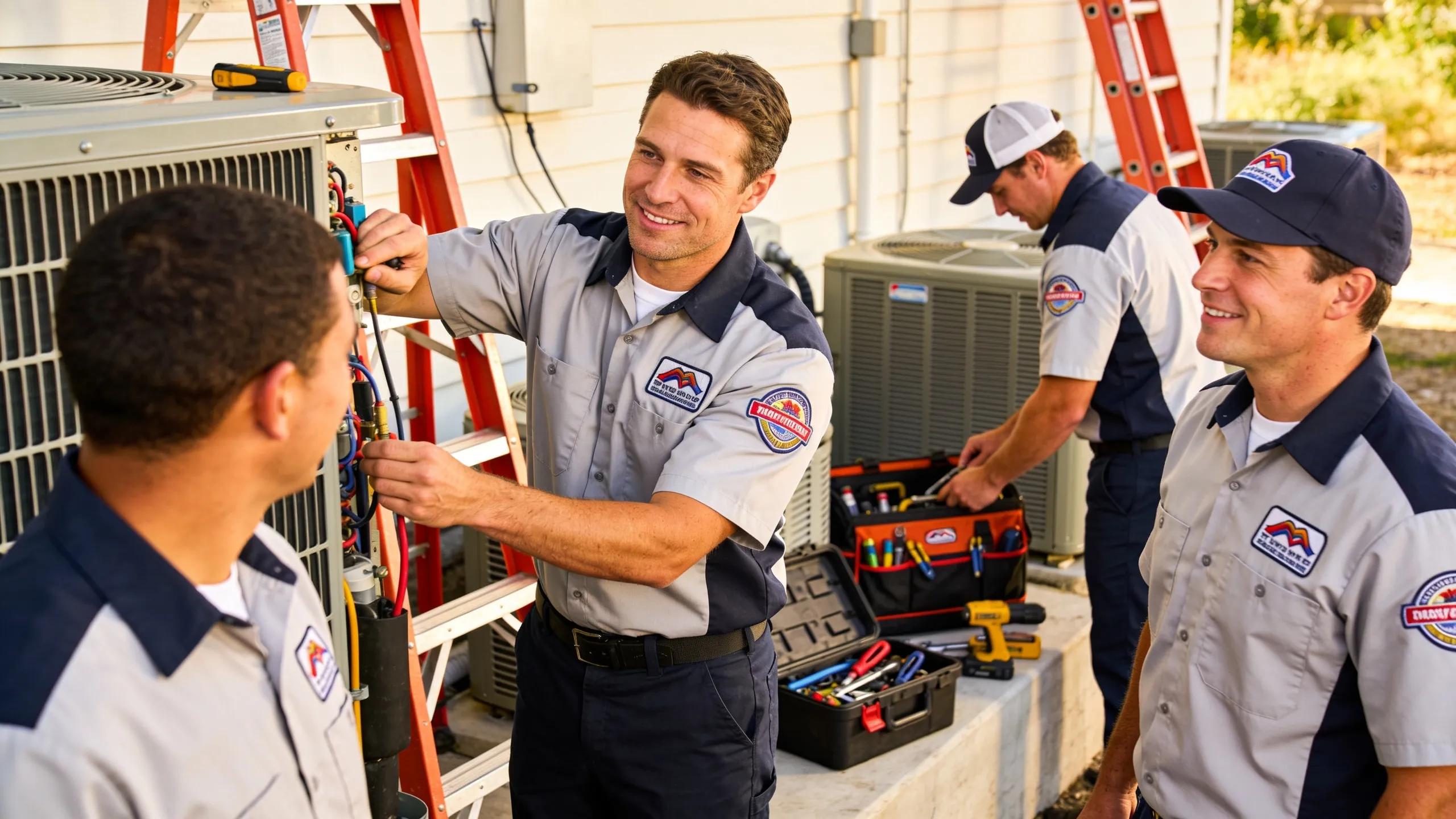 Team of HVAC technicians in customized work shirts at an outdoor job site