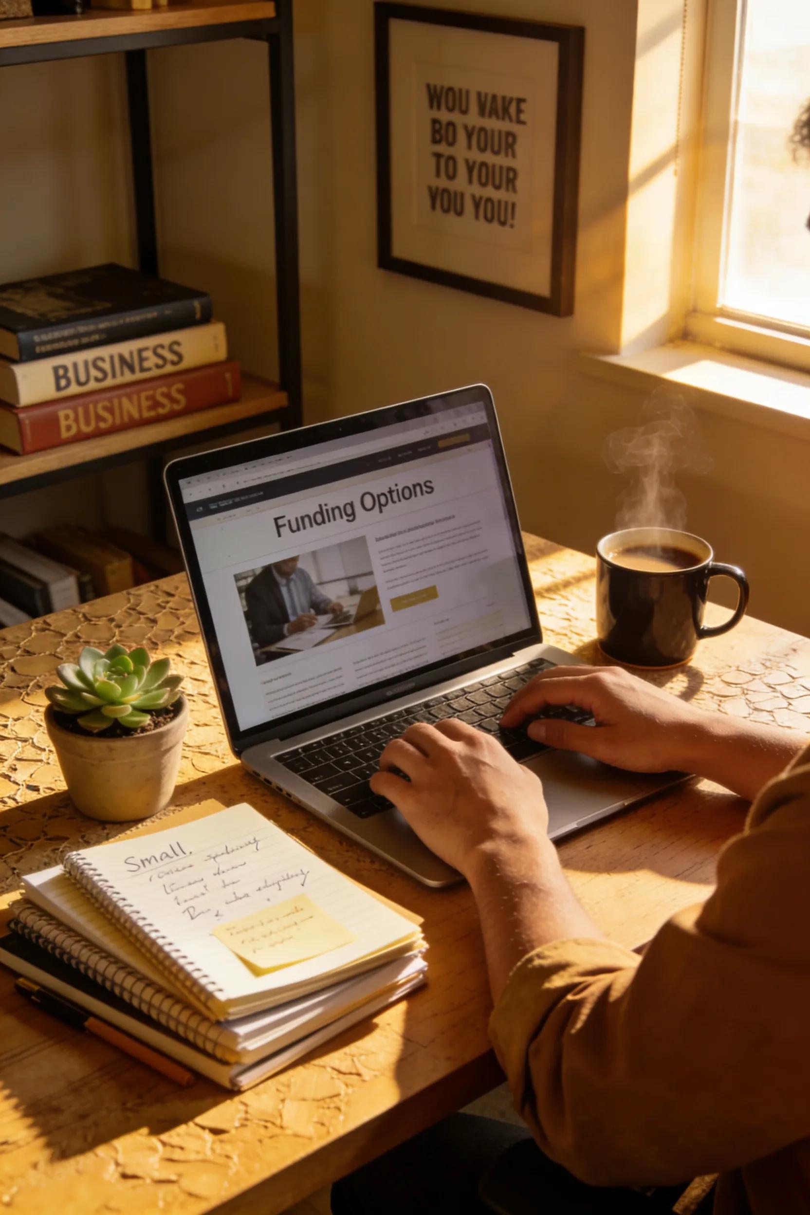 Entrepreneur researching small business funding options in a cozy office setting
