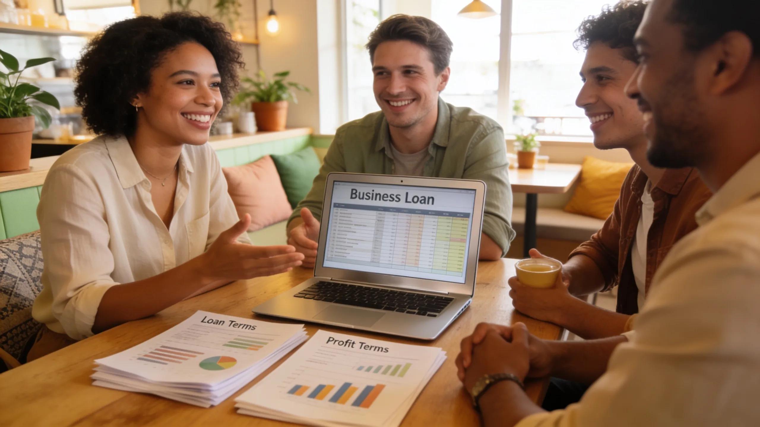 Entrepreneurs discussing business loans in a sunny cafe setting
