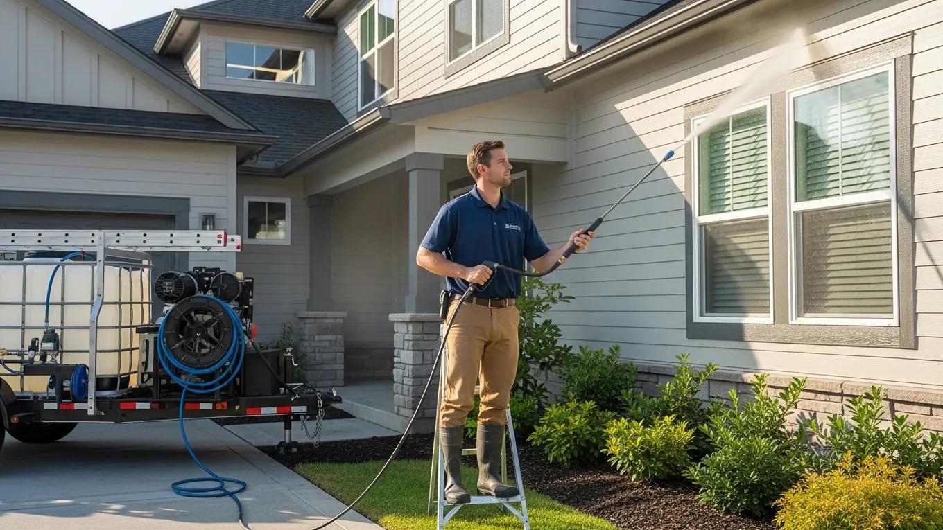 Professional house washing service technician cleaning a home exterior with soft washing technology