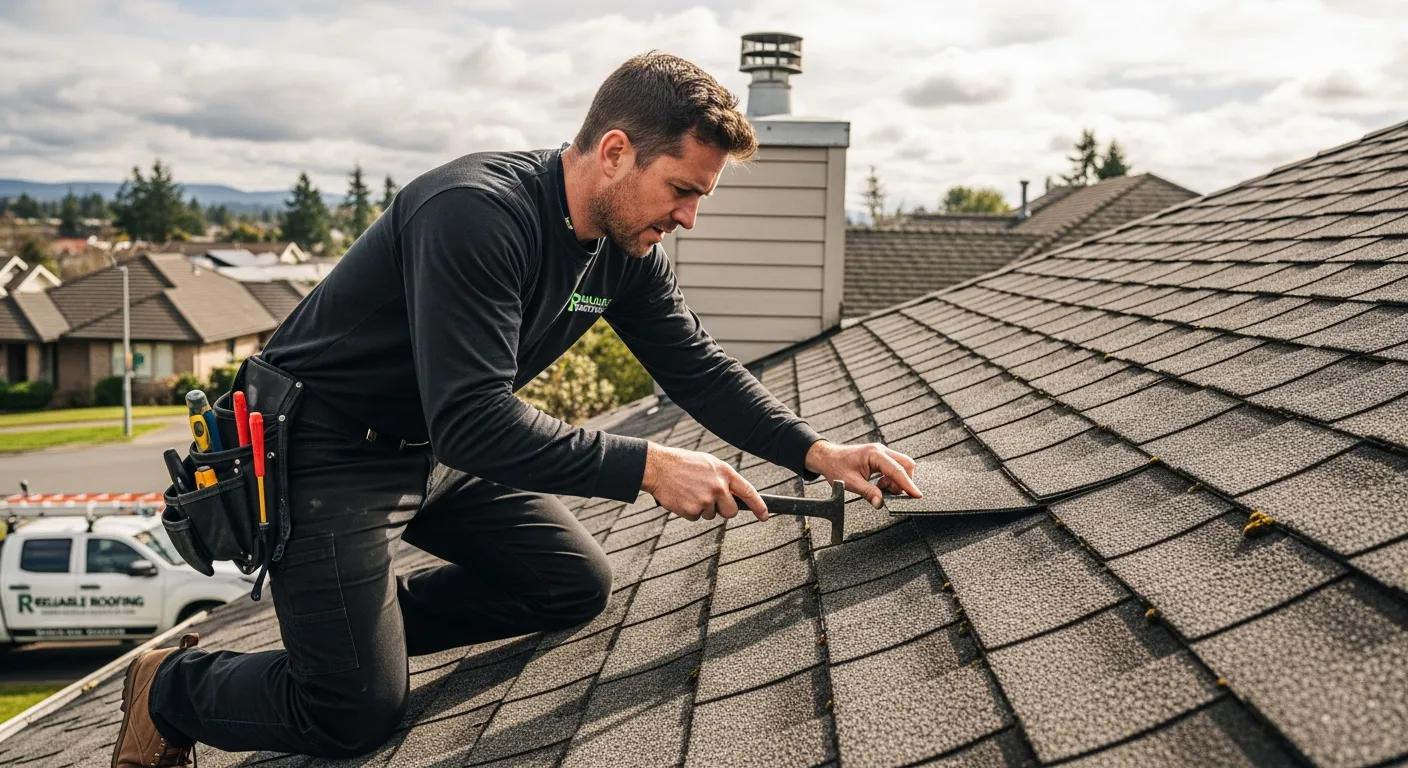 Professional inspecting a residential roof for maintenance and reliability