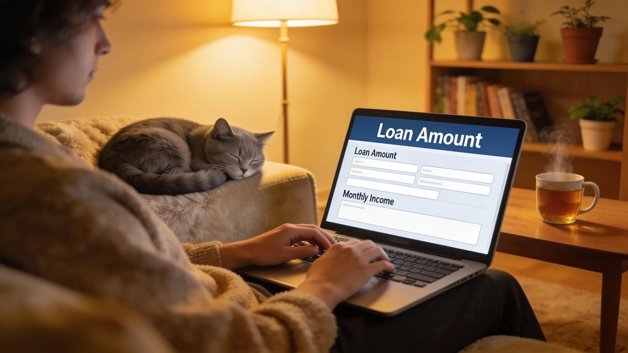 Person completing an application for a payday loan, highlighting the ease and comfort of online applications Person completing an application for a payday loan, highlighting the ease and comfort of online applications
