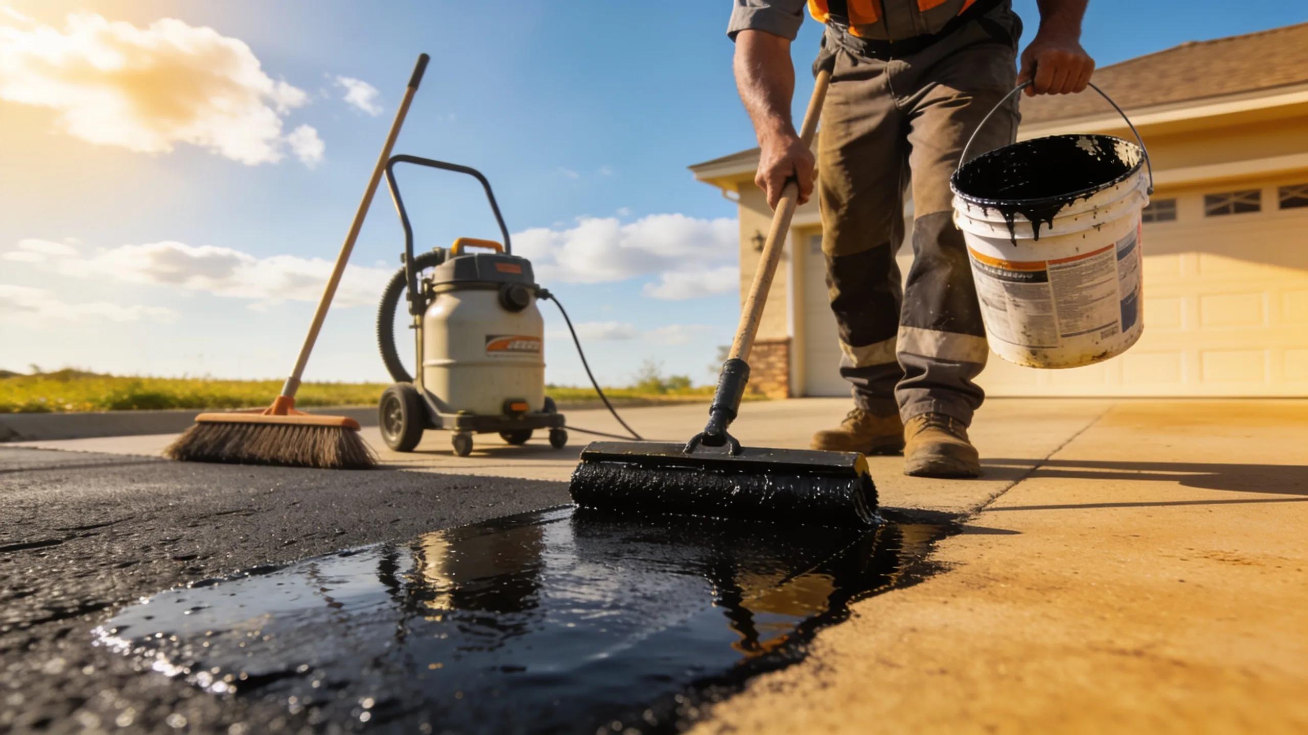 Professional applying sealcoating to an asphalt driveway for enhanced protection