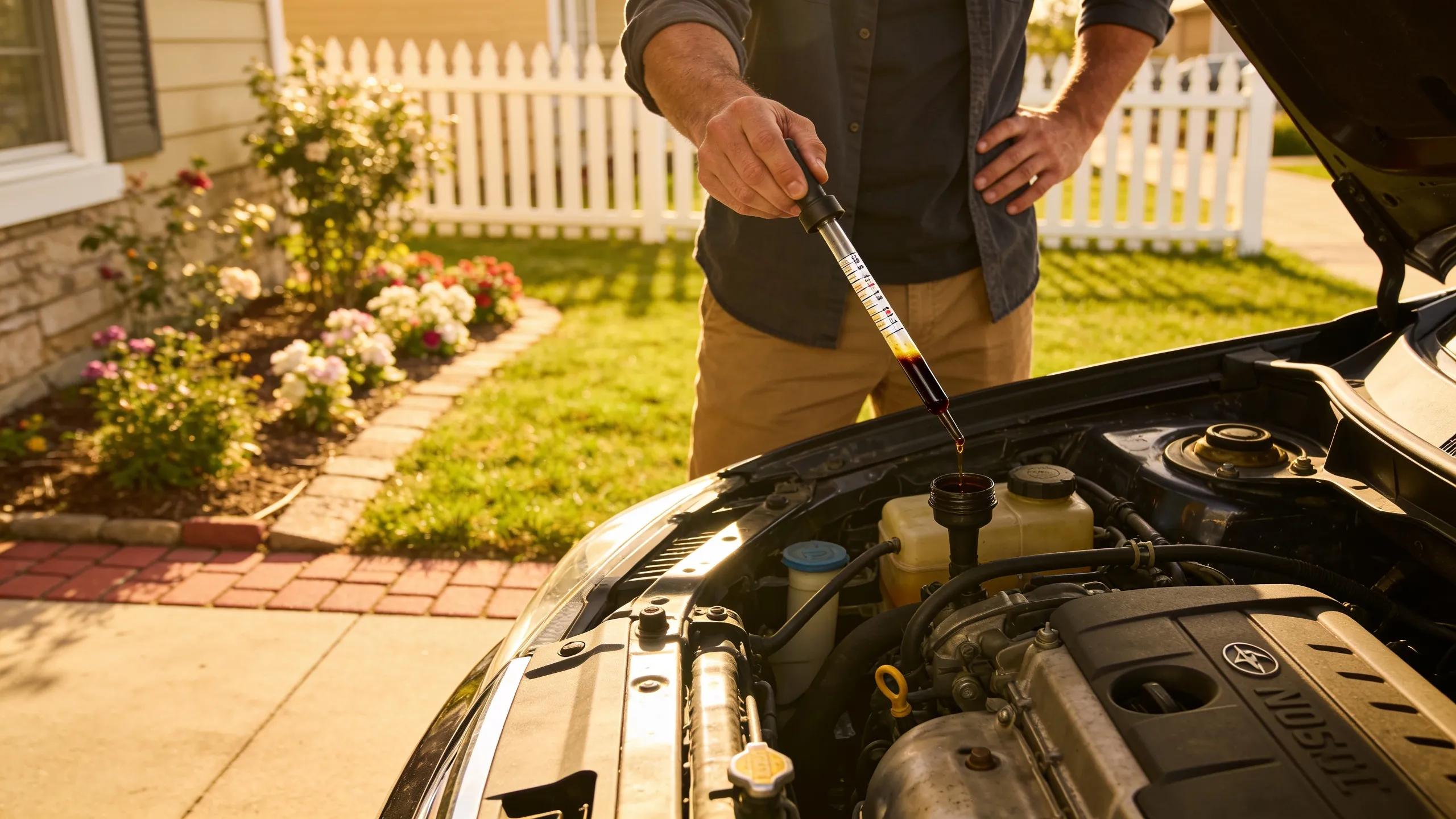 Individual checking vehicle oil levels during routine maintenance in a sunny outdoor setting