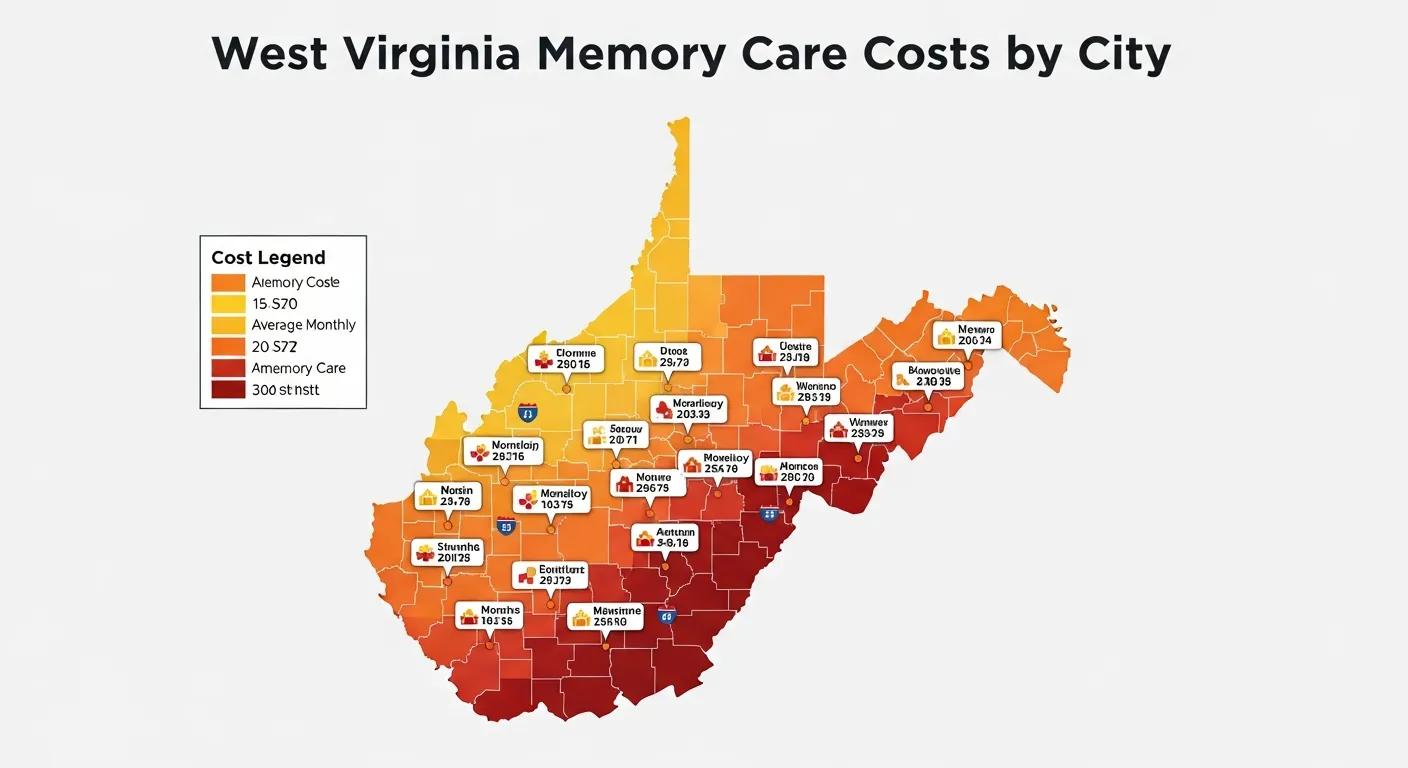 Map of West Virginia highlighting cities and their memory care costs, showcasing cost variations
