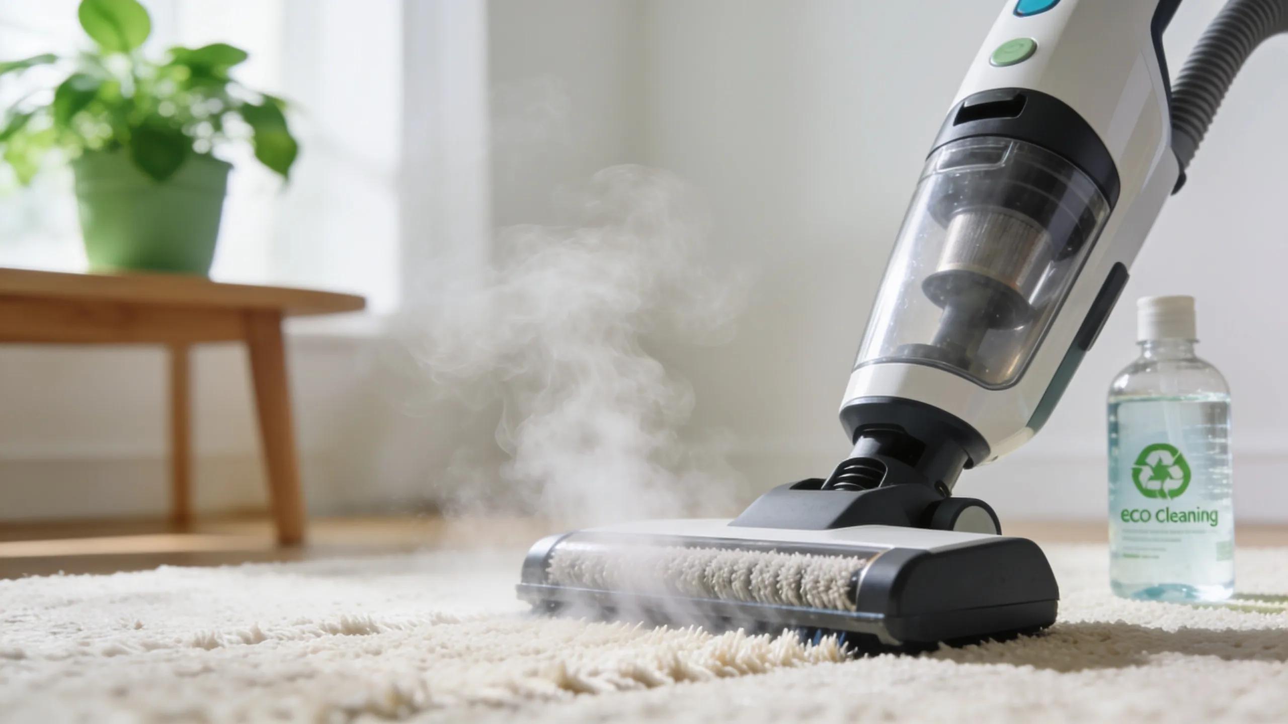Steam cleaning machine effectively sanitizing a carpet, showcasing eco-friendly cleaning practices