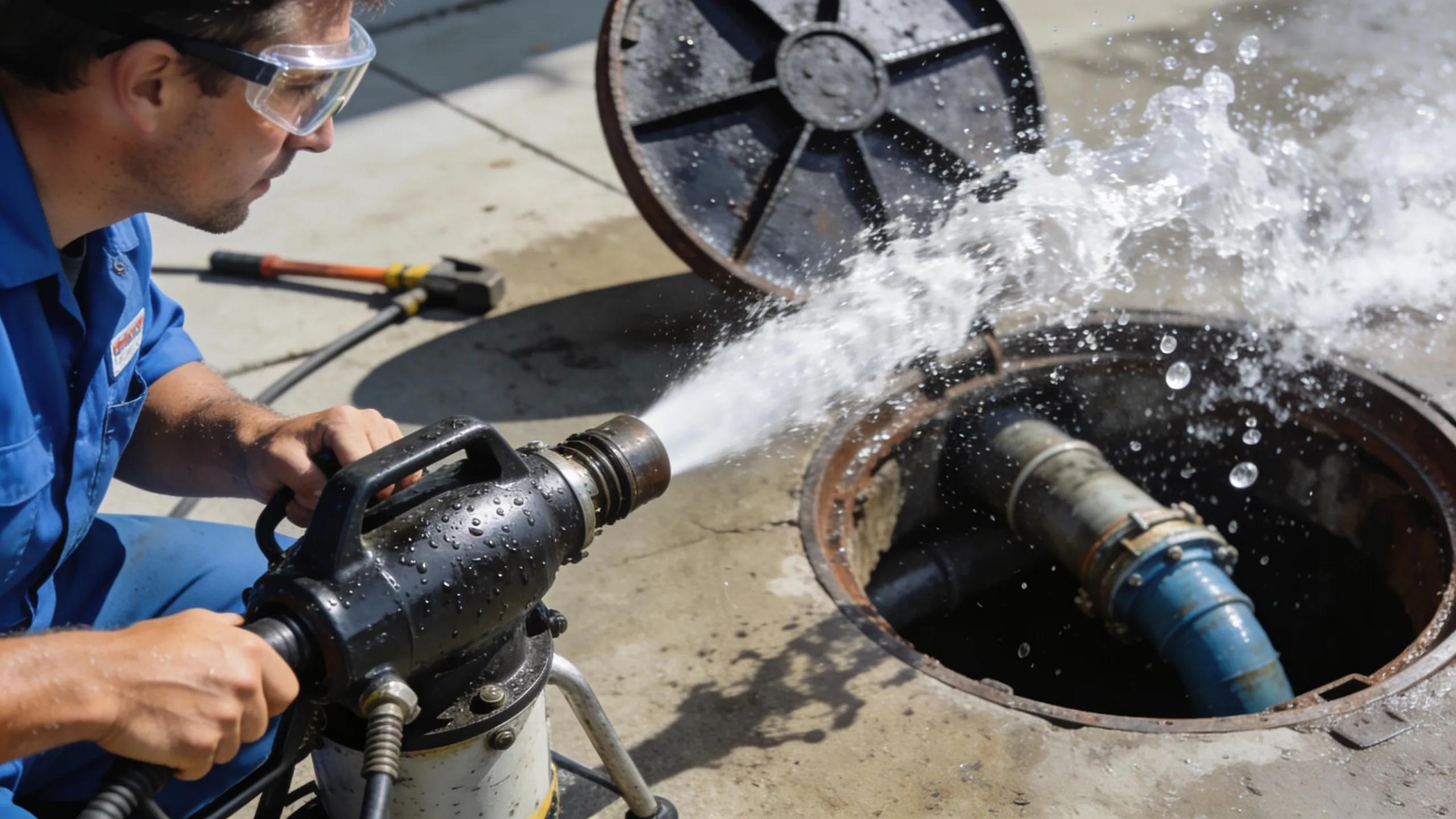 Professional using hydro jetting equipment to repair sewer line blockages