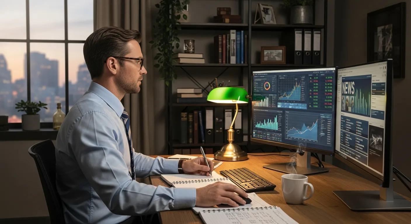 Financial analyst reviewing economic indicators in a cozy office setting
