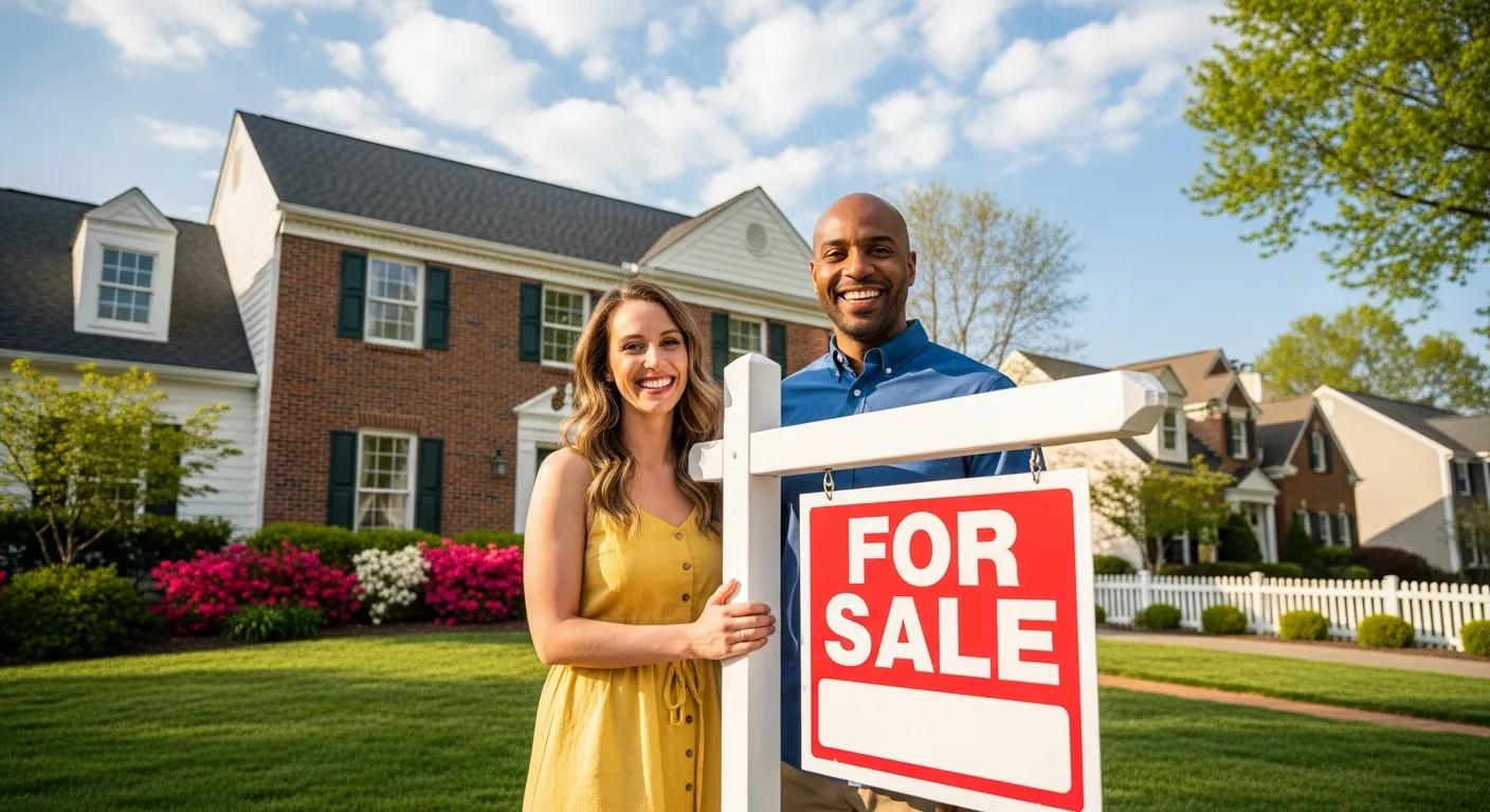 Homeowners smiling in front of a 'For Sale' sign, illustrating the trend of listing homes in Northern Virginia