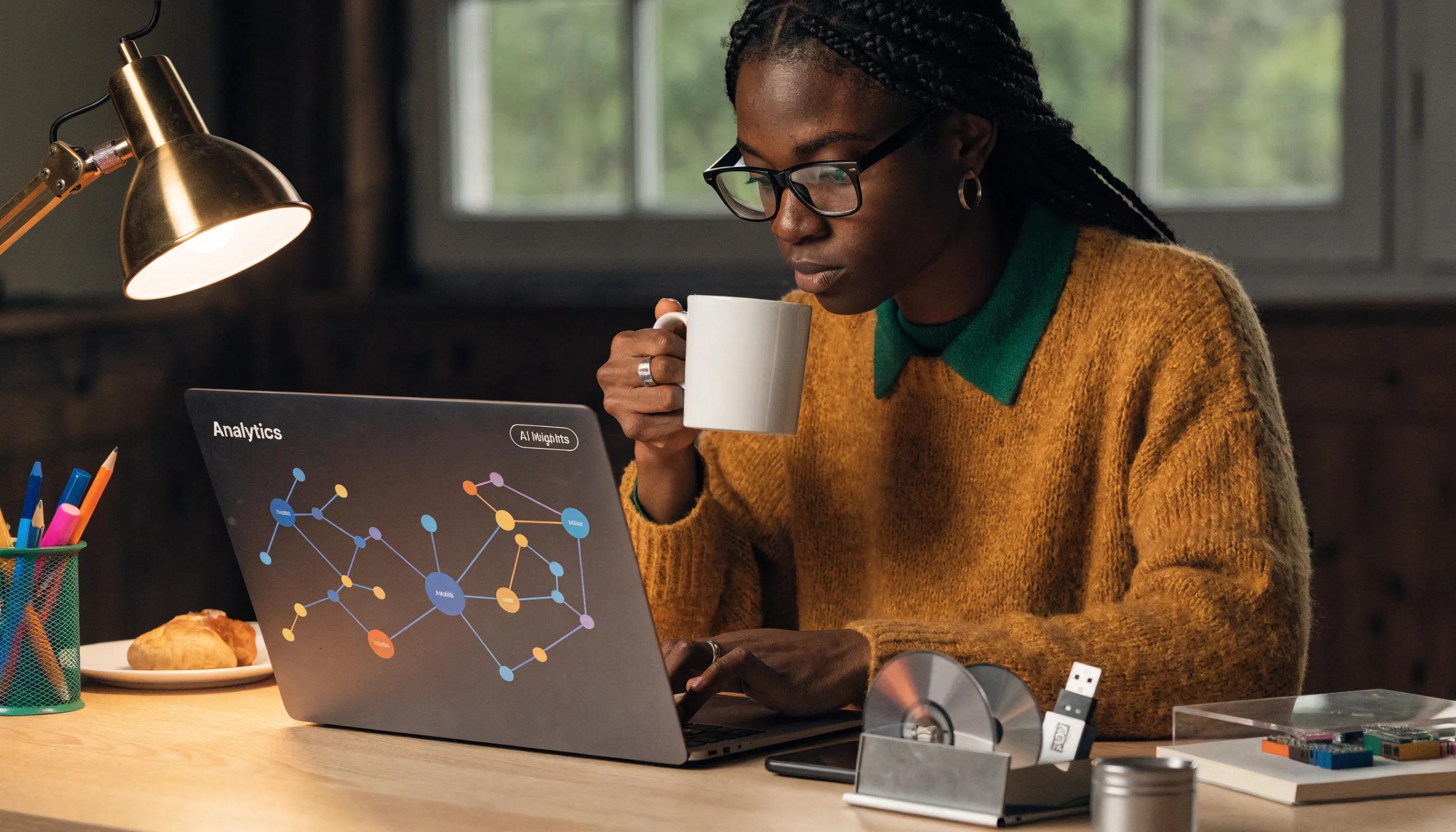 A focused individual analyzing data on a laptop in a professional workspace, representing AI-powered reporting services in iGaming